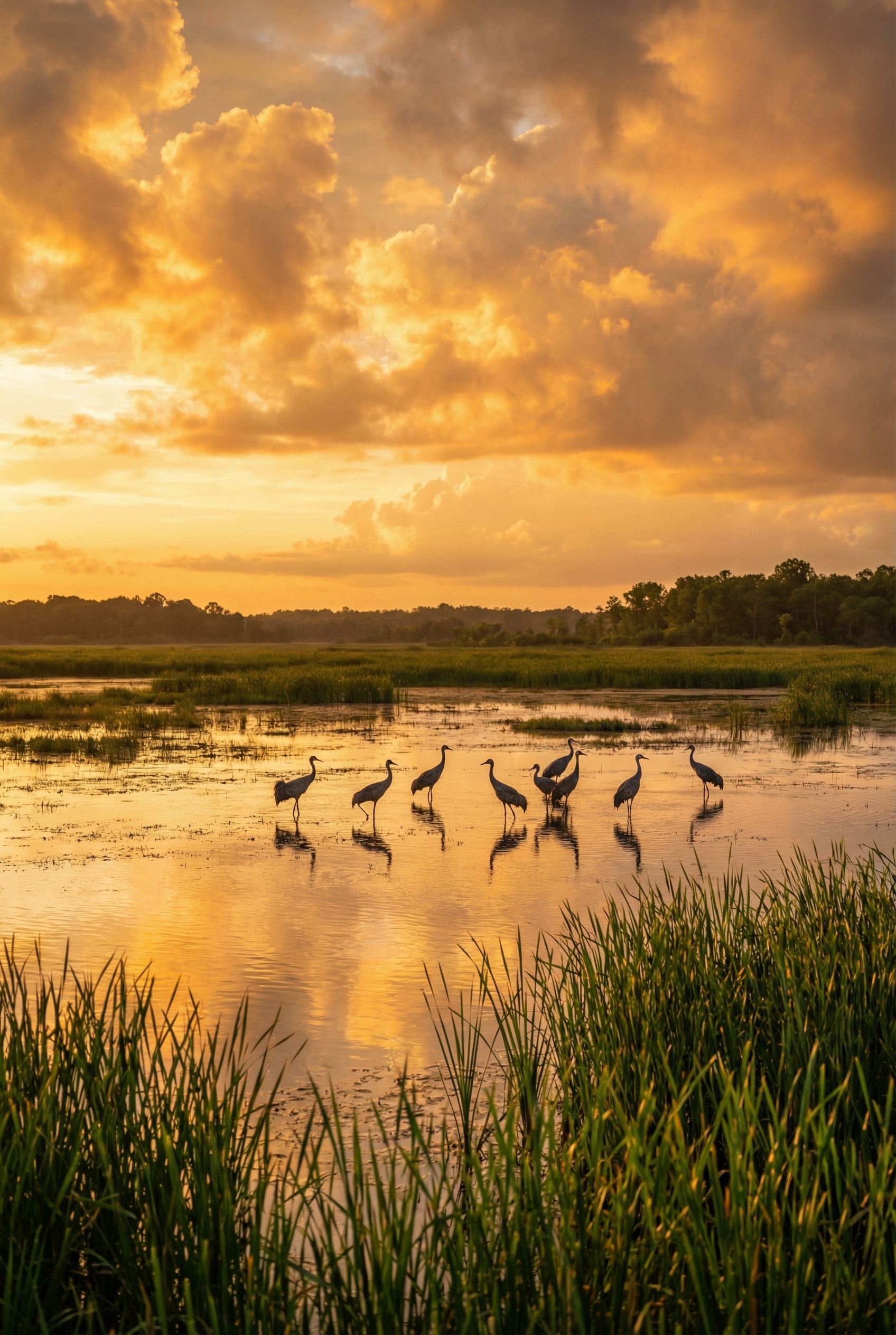 Grues cendrées dans un marais au lever du soleil avec un ciel orangé se reflétant sur l'eau