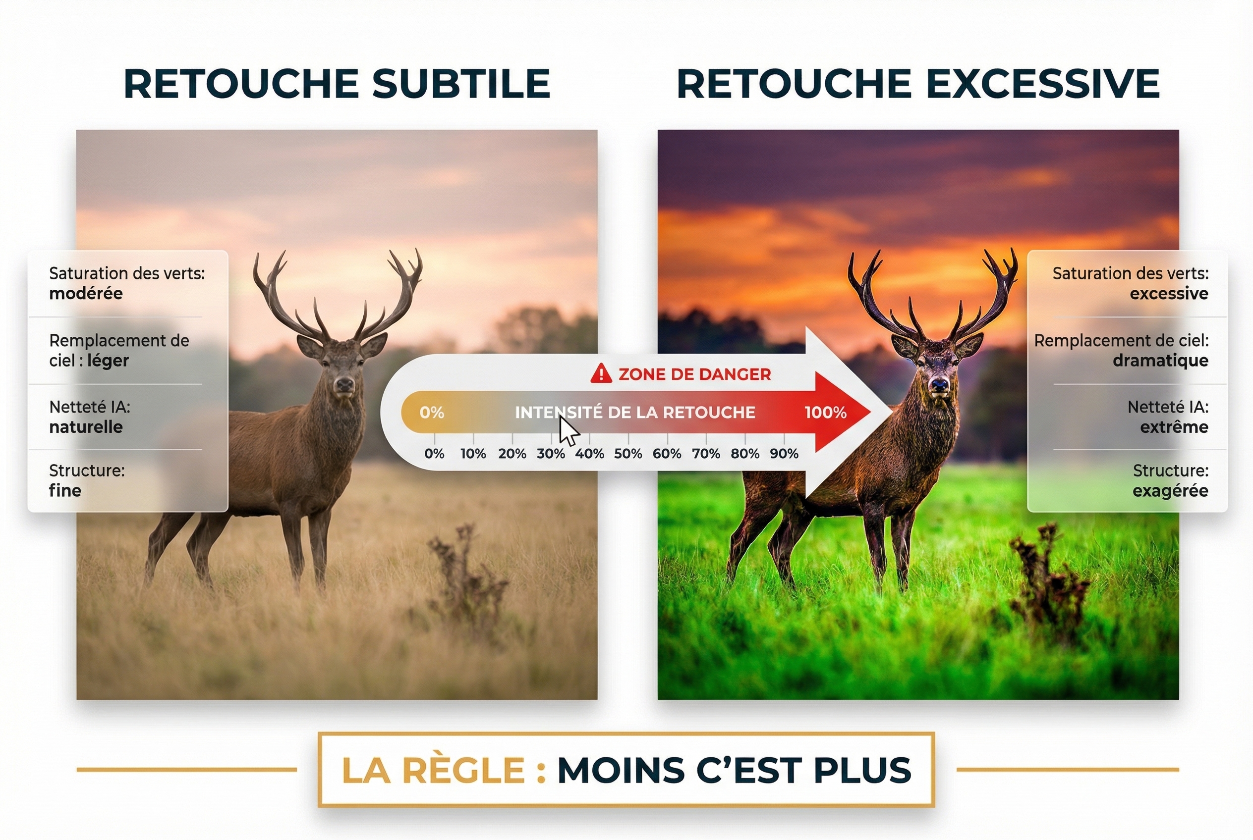 Comparaison entre une retouche photo naturelle et une retouche excessive d'un cerf en prairie