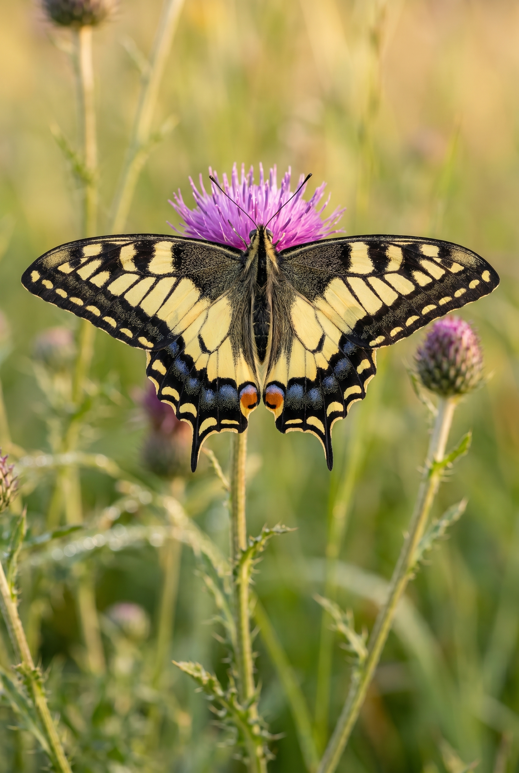 Gros plan d'un papillon Machaon sur un chardon violet, illustrant la technique pour photographier les papillons avec une netteté parfaite.
