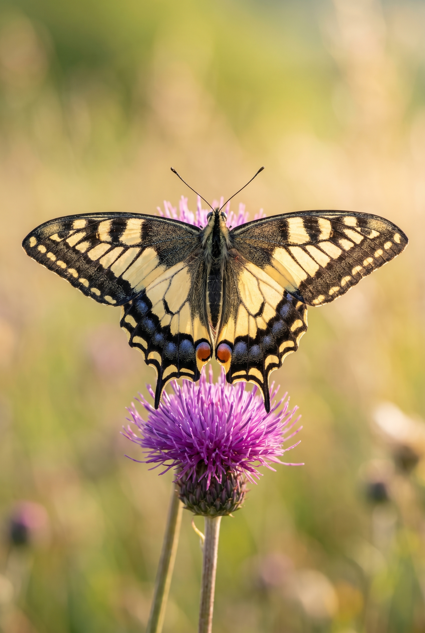 Photographie macro d'un papillon Machaon aux ailes déployées sur un chardon violet, illustrant la netteté des détails pour apprendre à photographier les papillons.