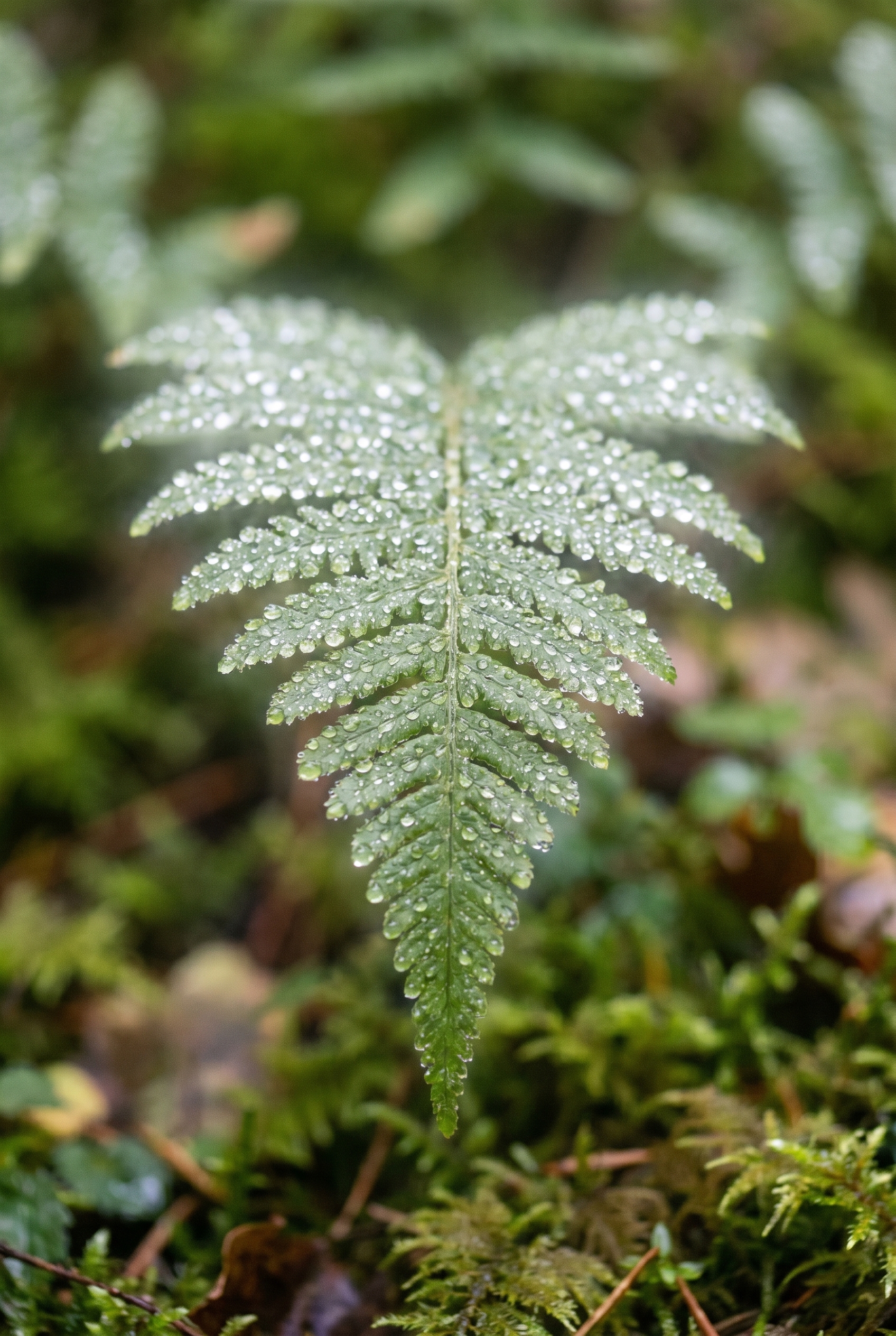 Réussir l'effet orton : le secret pour des photos de nature féeriques 14 Gros plan macro d'une fronde de fougère avec gouttes de rosée, illustrant l'effet Orton vaporeux et onirique en photographie de nature.