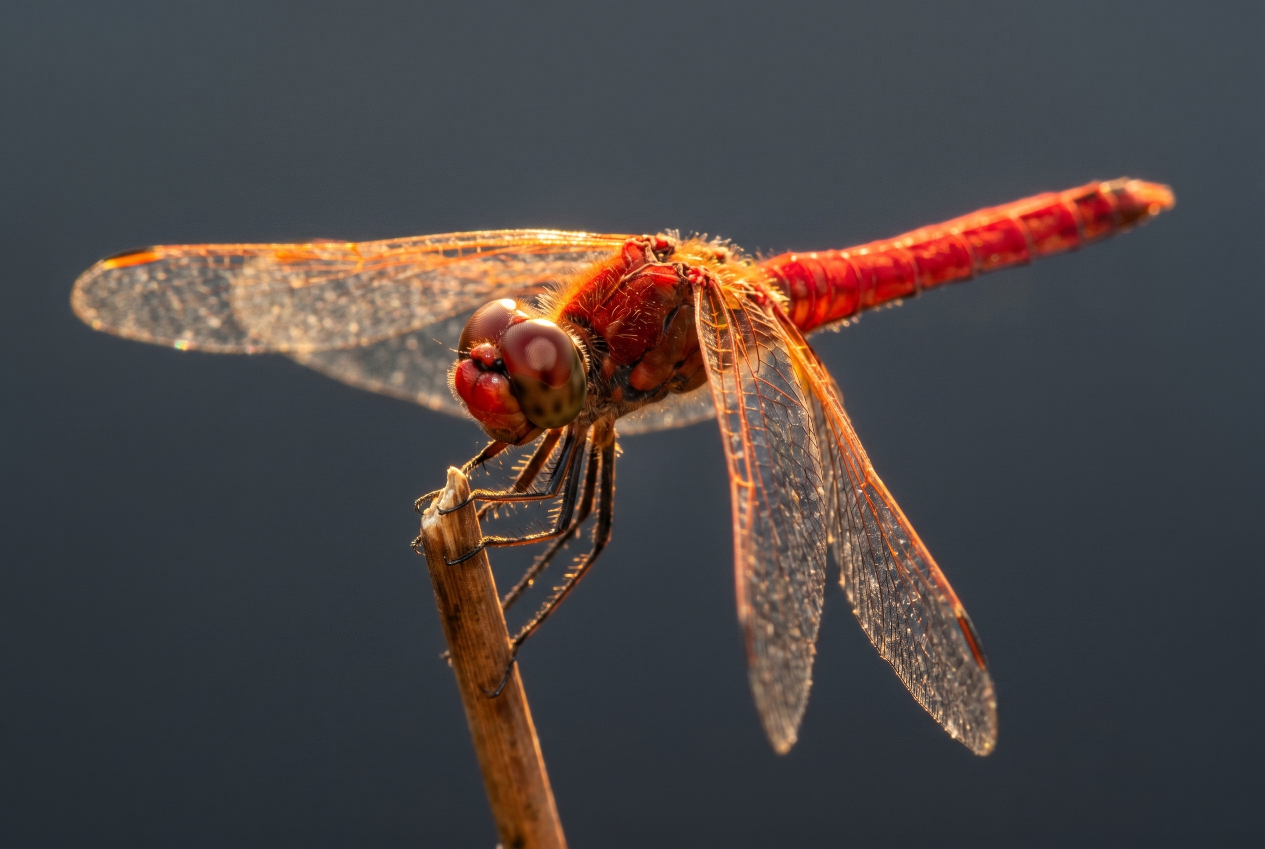 Photographie macro détaillée d'un sympetrum rouge sur un roseau, illustrant la netteté des yeux pour apprendre à photographier les insectes.