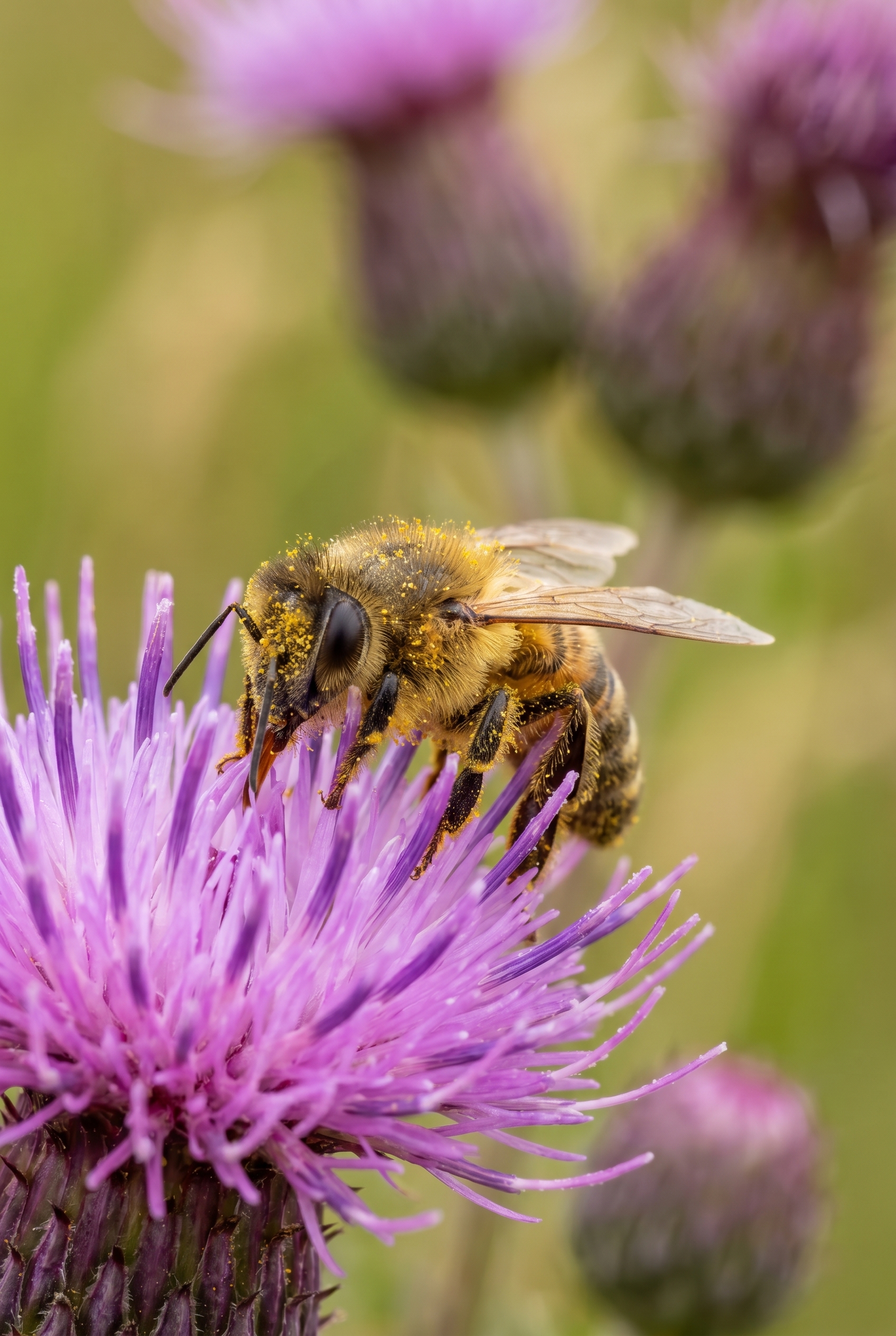 Gros plan macro d'une abeille domestique couverte de pollen sur une fleur de chardon violette, illustrant la technique pour photographier les insectes avec netteté.