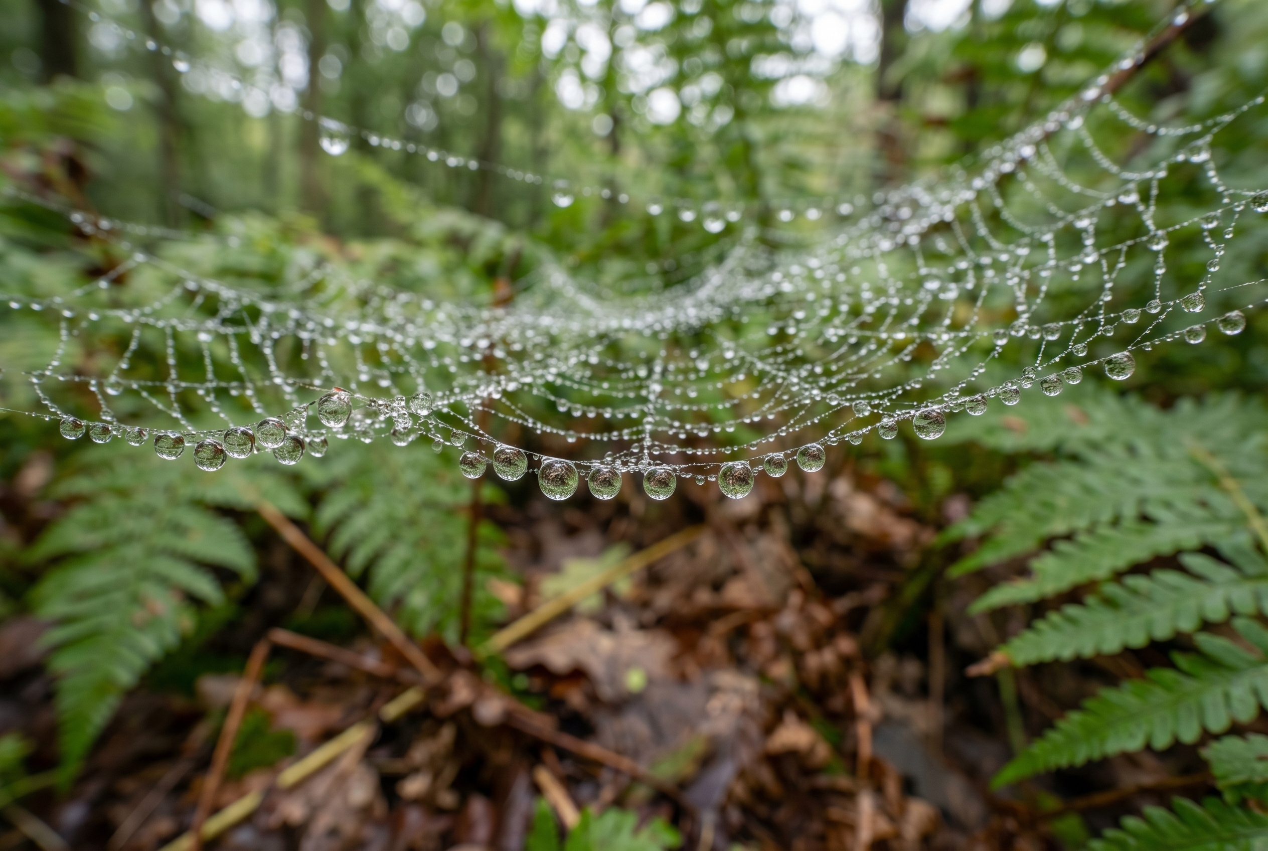 Gros plan macro d'une toile d'araignée couverte de gouttes de pluie en forêt, illustrant l'art de photographier la nature en détail.