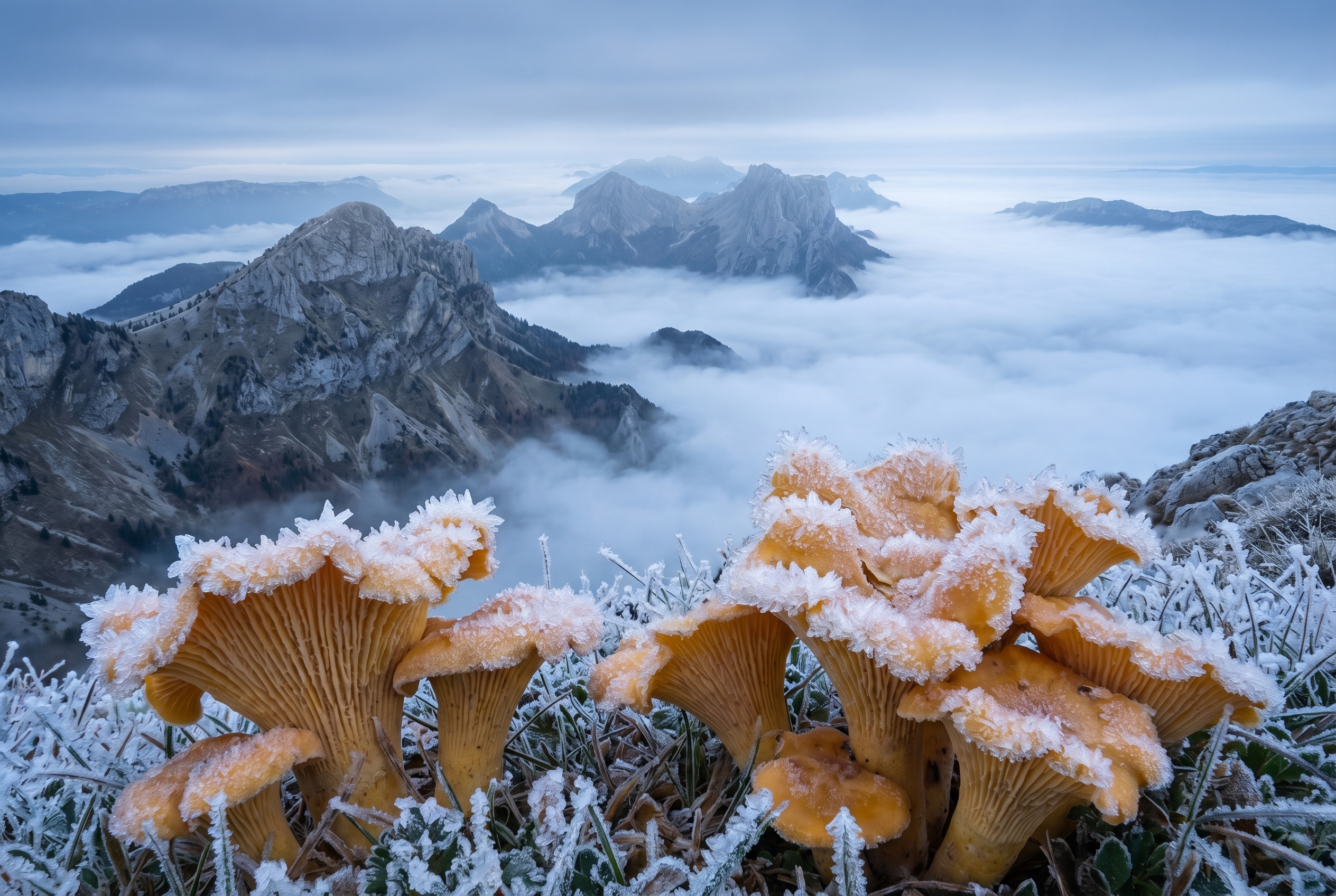 Ouverture du diaphragme : comprendre son fonctionnement 22 Photographie de paysage dans le Vercors montrant des chanterelles givrées et des montagnes nettes grâce à une petite ouverture du diaphragme à f/11.