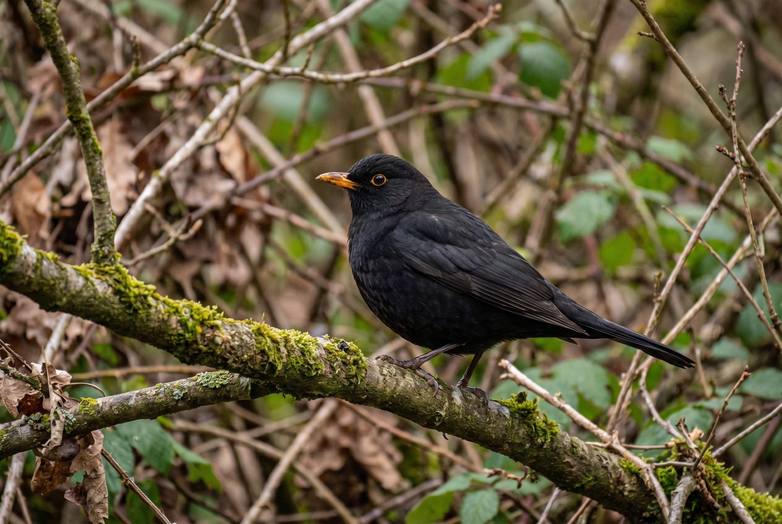 Profondeur de champ : le secret des bokeh incroyables 13 Photographie d'un merle noir avec une faible profondeur de champ isolant l'oiseau sur un arrière-plan en flou artistique (bokeh).