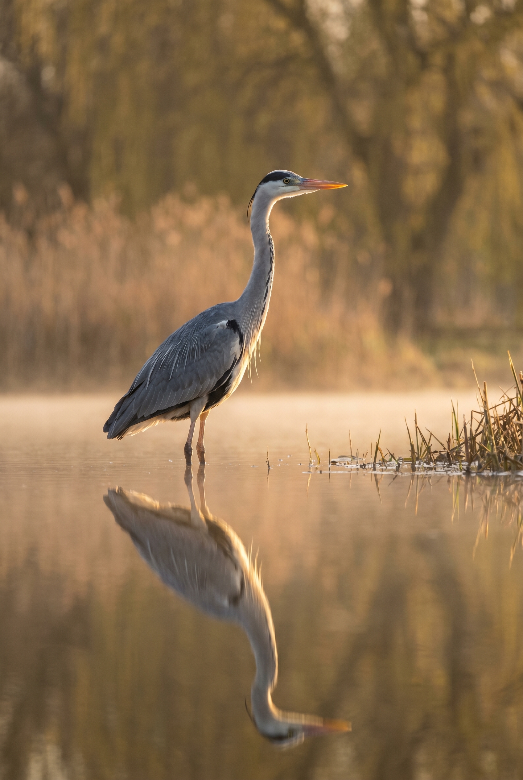 Un héron cendré immobile au bord d'un lac brumeux à l'aube, illustrant l'expertise technique visée par un BTS photographie.
