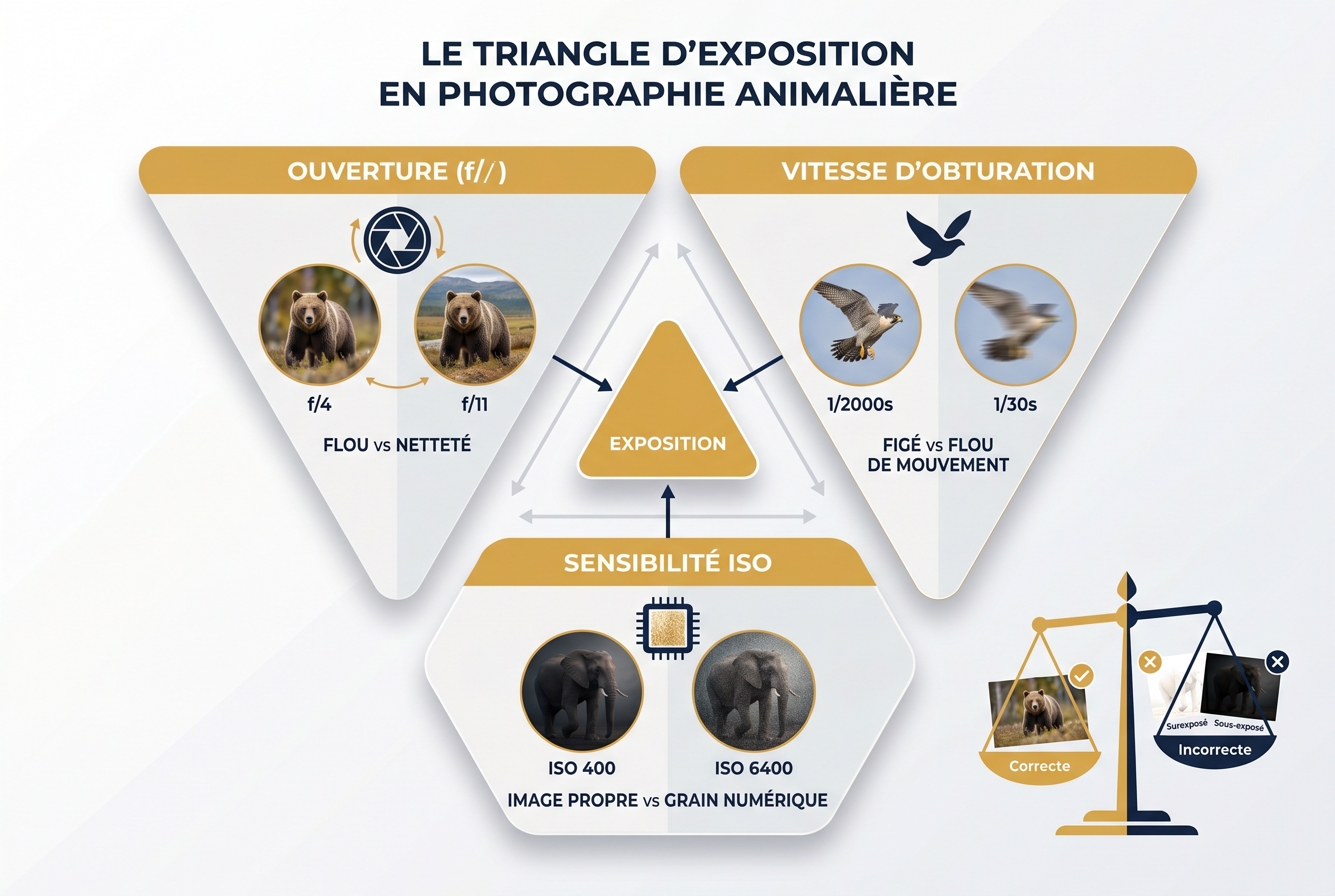 Illustration pédagogique du triangle de l'exposition (ouverture, vitesse, ISO) avec exemples de photographie animalière pour le cursus BTS Photographie.