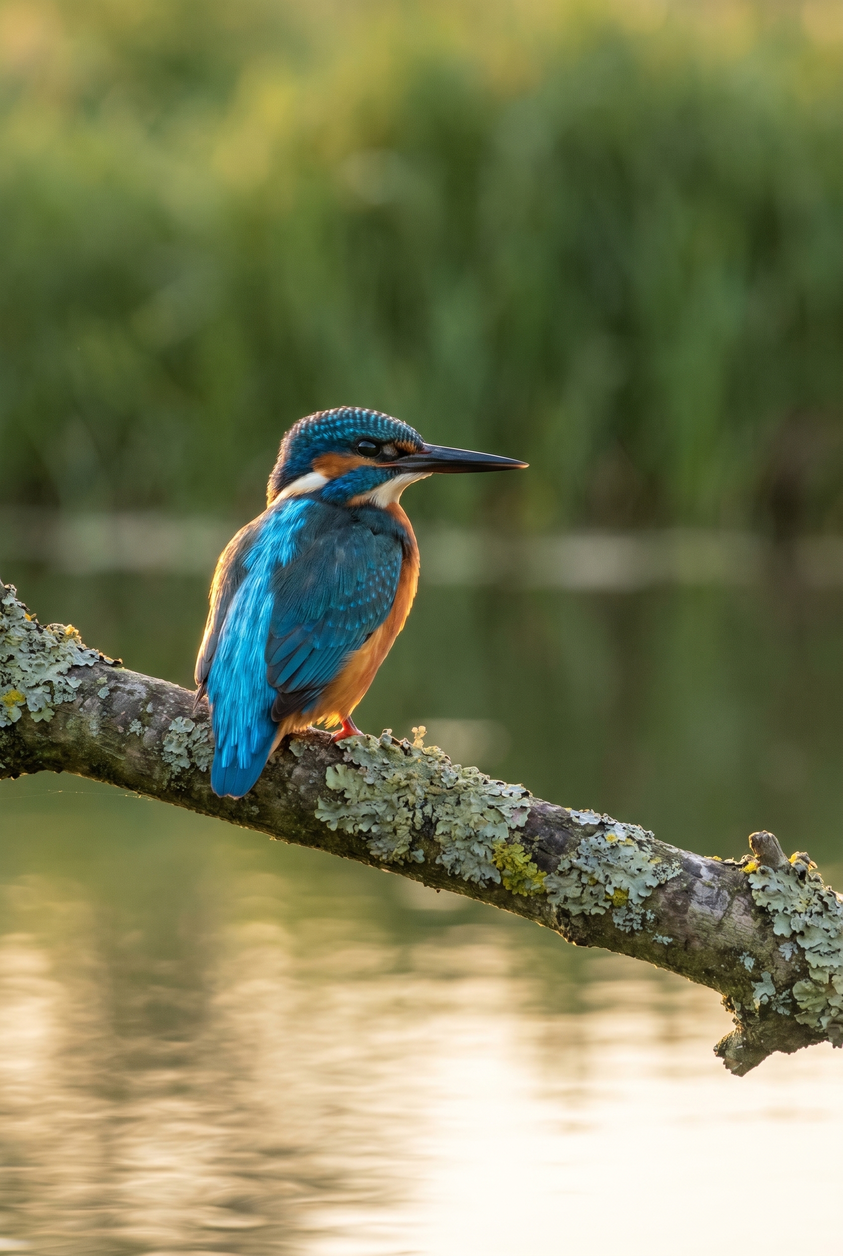 Un martin-pêcheur d'Europe aux plumes bleues et orangées sur une branche, illustrant la performance d'une marque d'appareil photo pour la nature.