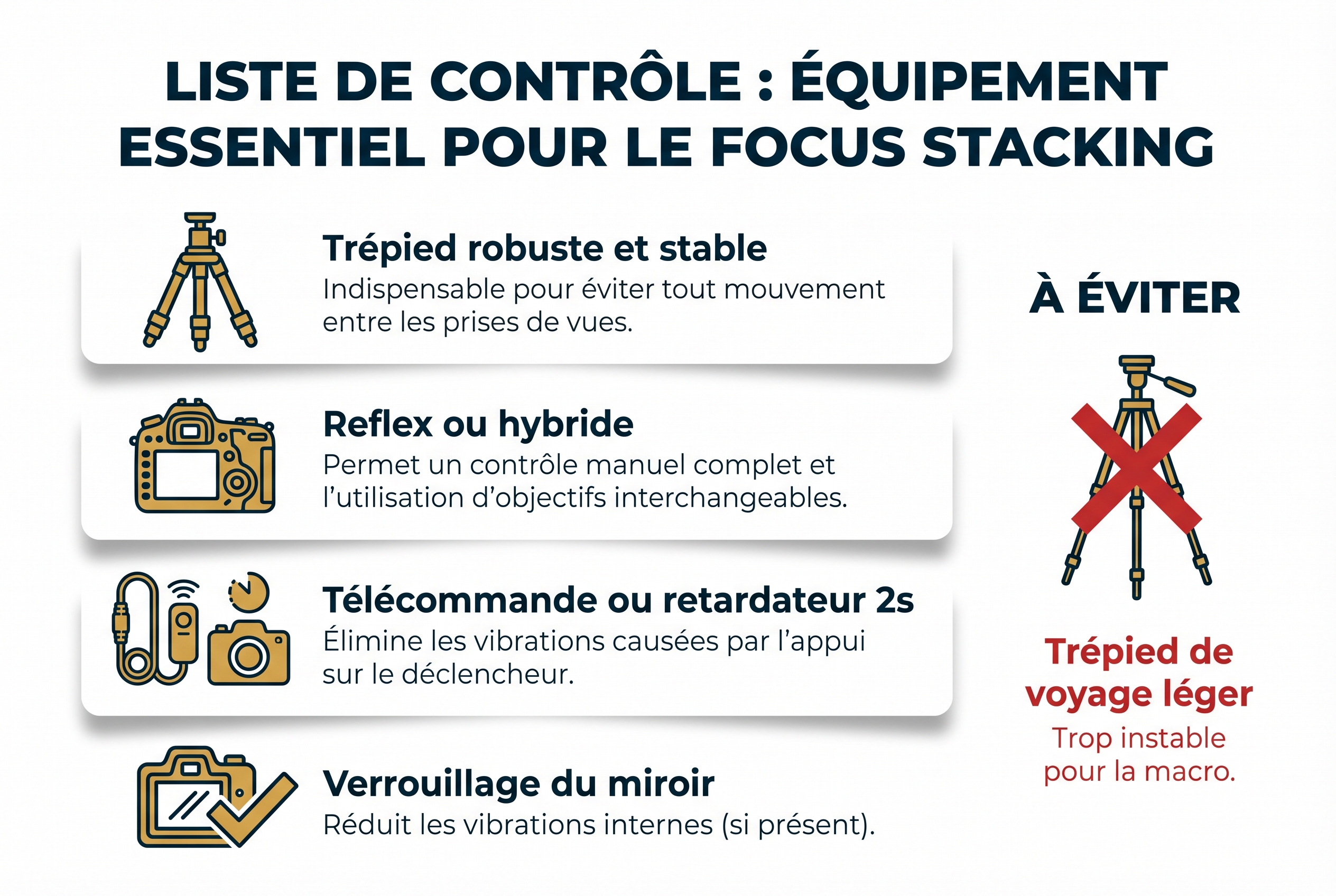 Le focus stacking : comment avoir des photos 100% nettes 15 Infographie pédagogique présentant le matériel essentiel pour le focus stacking : trépied robuste, appareil photo reflex ou hybride et télécommande de déclenchement.