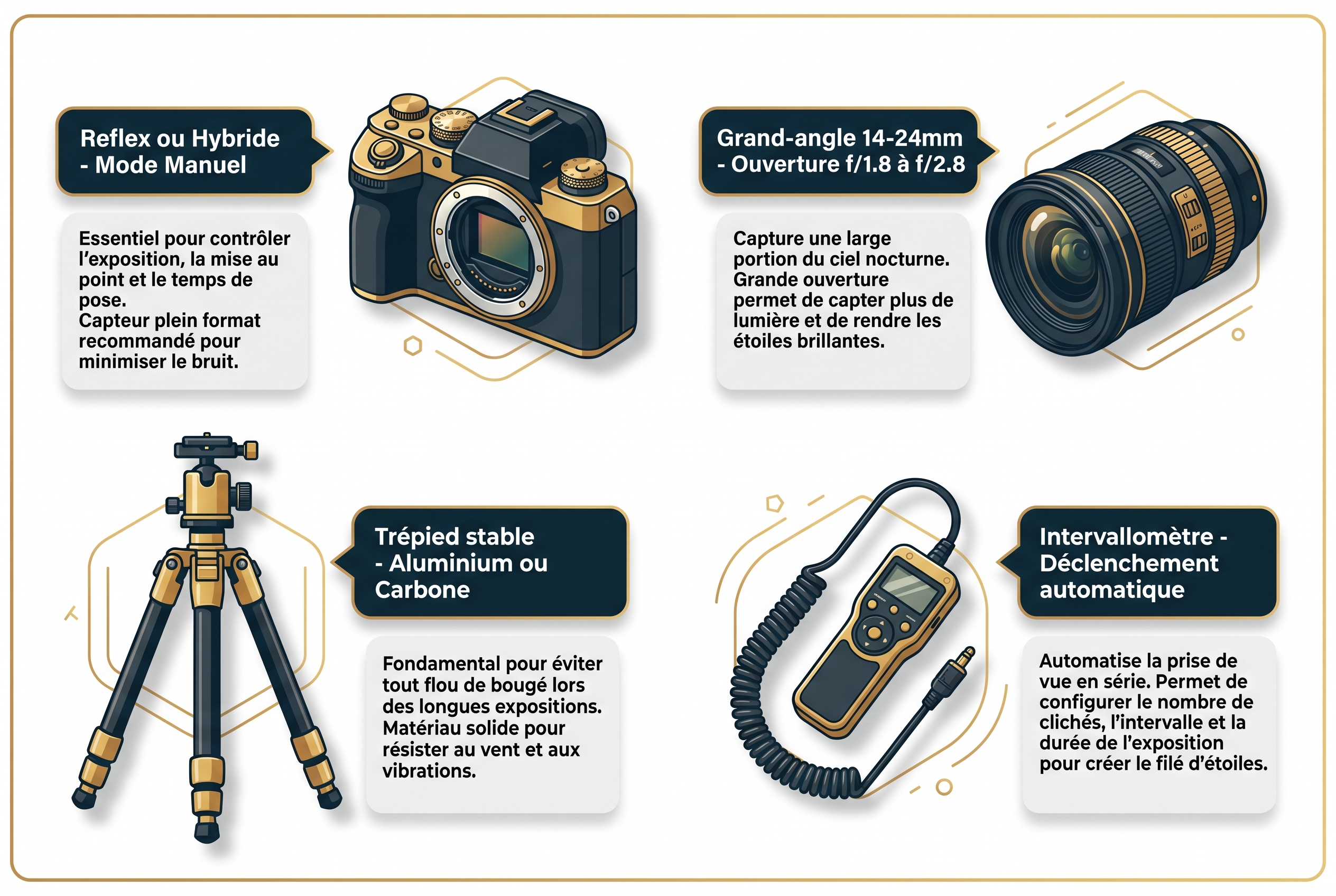 Infographie pédagogique du kit de base pour réussir une photo circumpolaire : boîtier reflex ou hybride, objectif grand-angle, trépied stable et intervallomètre.
