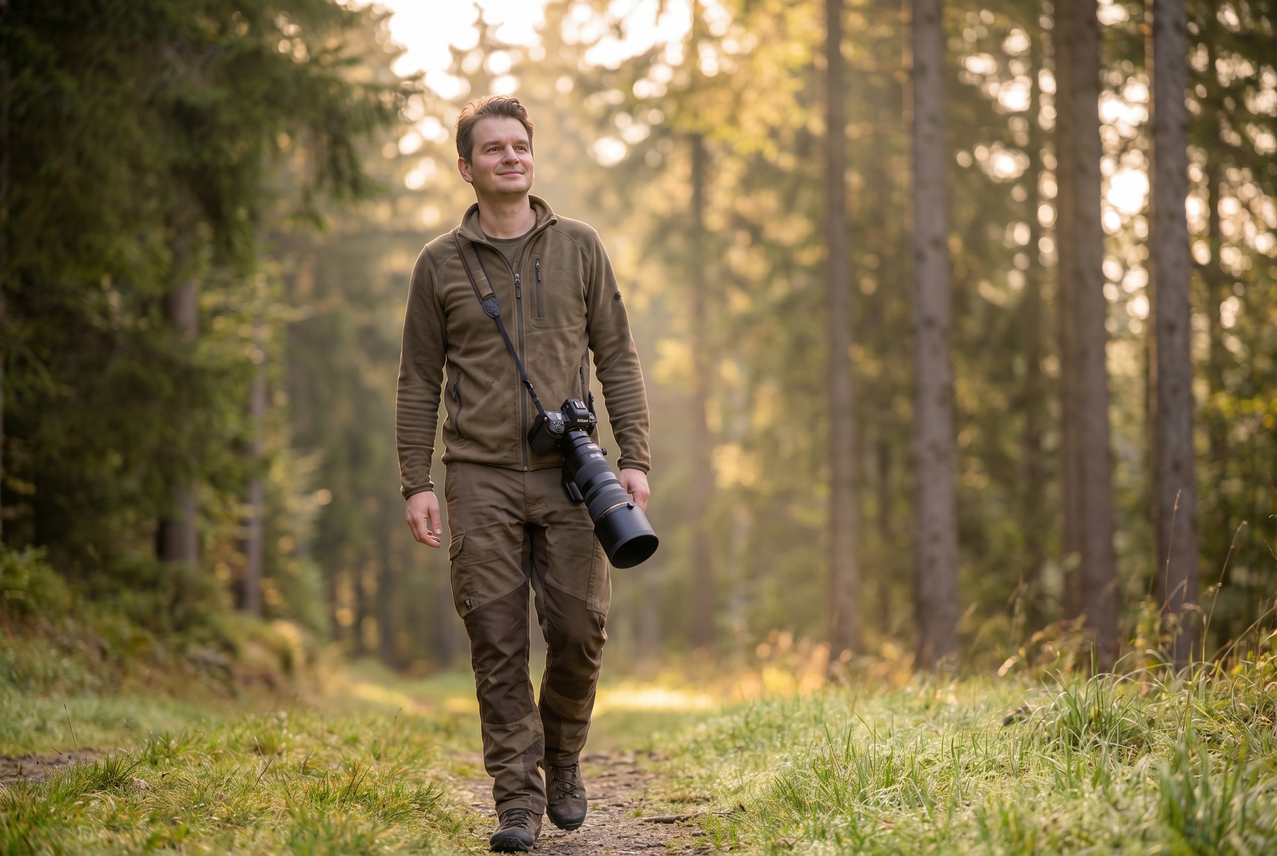 Photographe animalier portant son matériel avec un téléobjectif 400mm en forêt pour illustrer le choix d'un équipement léger et performant.