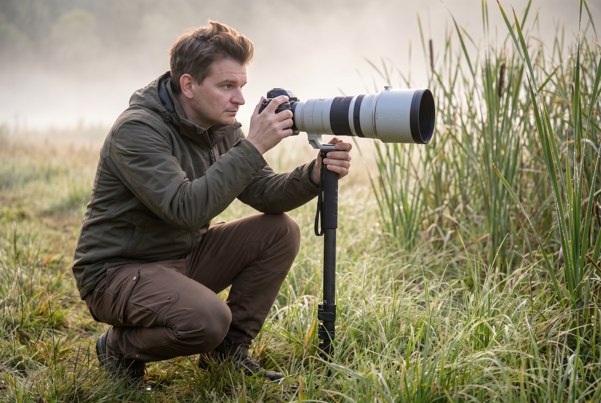 Photographe naturaliste utilisant un téléobjectif sur un monopode dans une prairie humide, illustration du matériel pour la photo animalière.