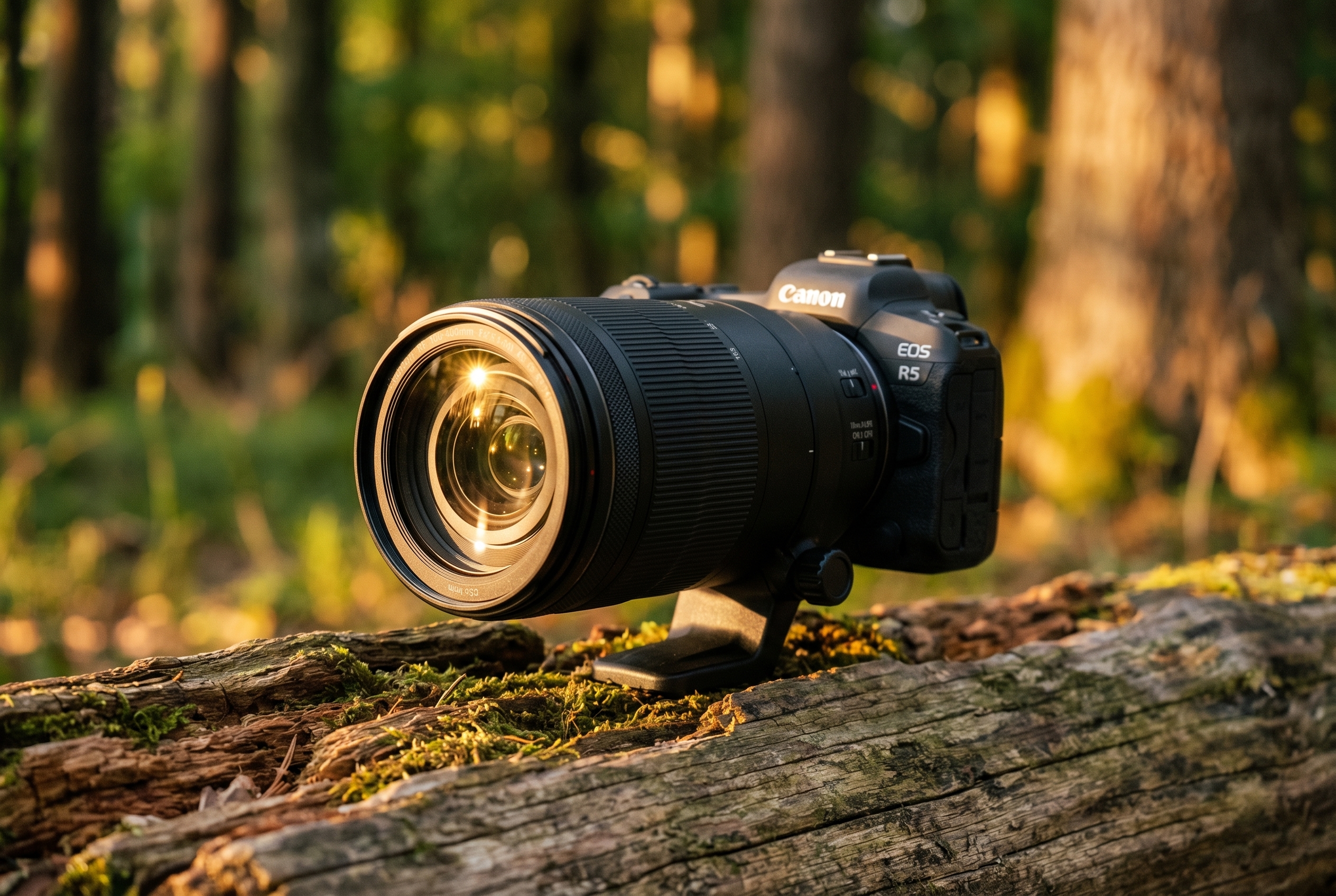 Téléobjectif Canon RF 100-400mm pour la photo animalière posé sur une surface en bois en forêt à l'heure dorée.
