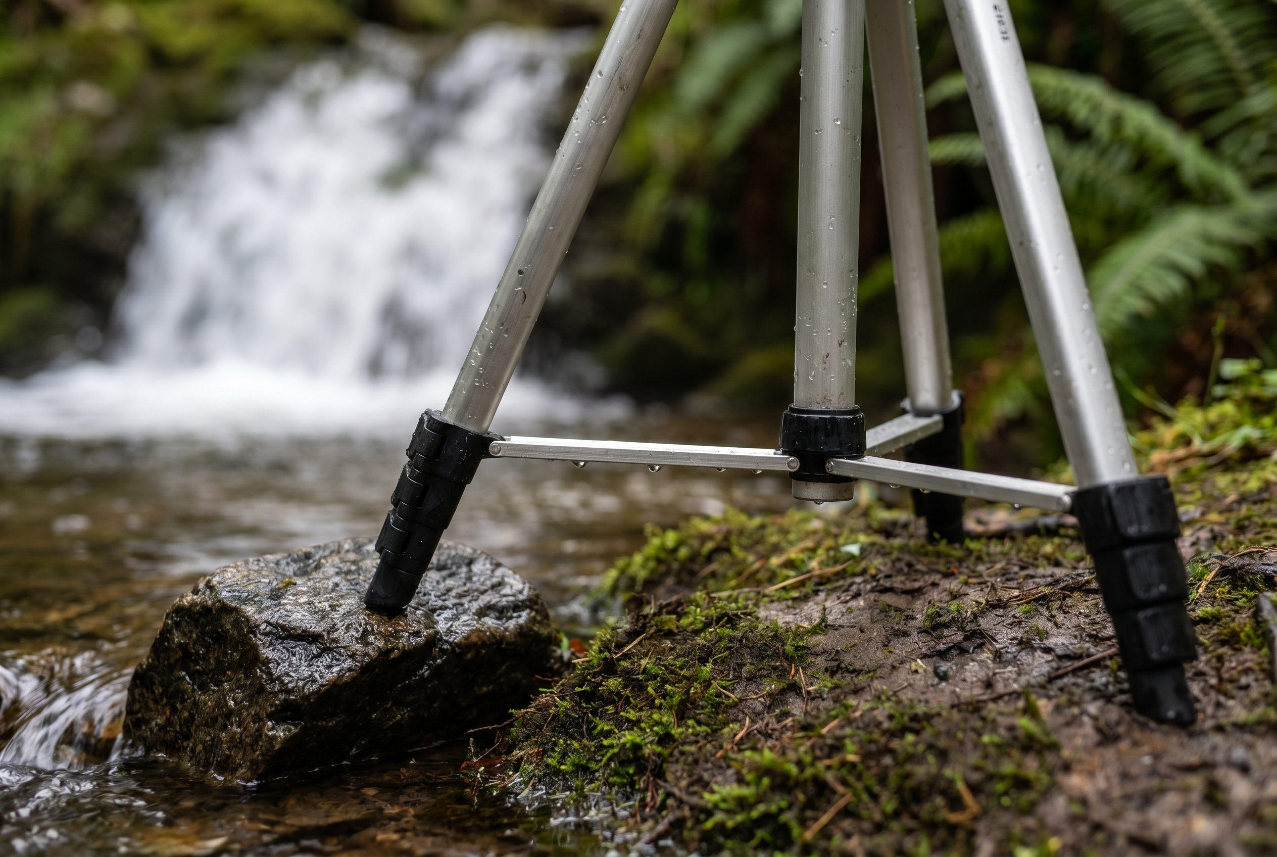 Trépied photo robuste installé sur une rive moussue pour photographier une cascade en pose longue