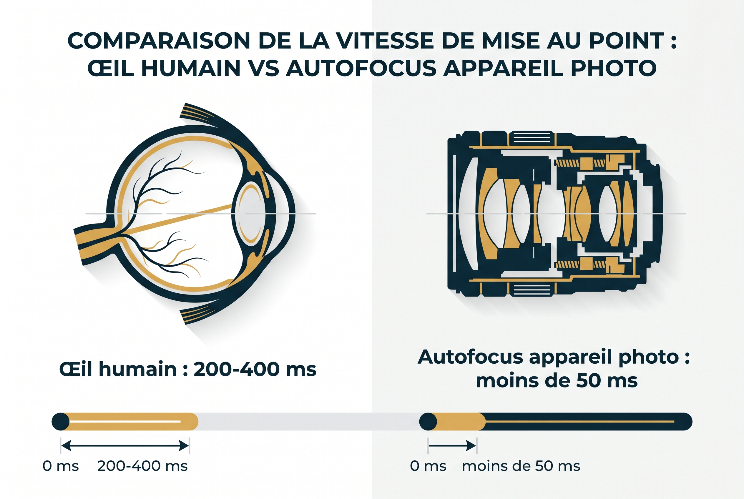Infographie pédagogique comparant la vitesse de mise au point photo entre l'œil humain et l'autofocus d'un appareil photo.