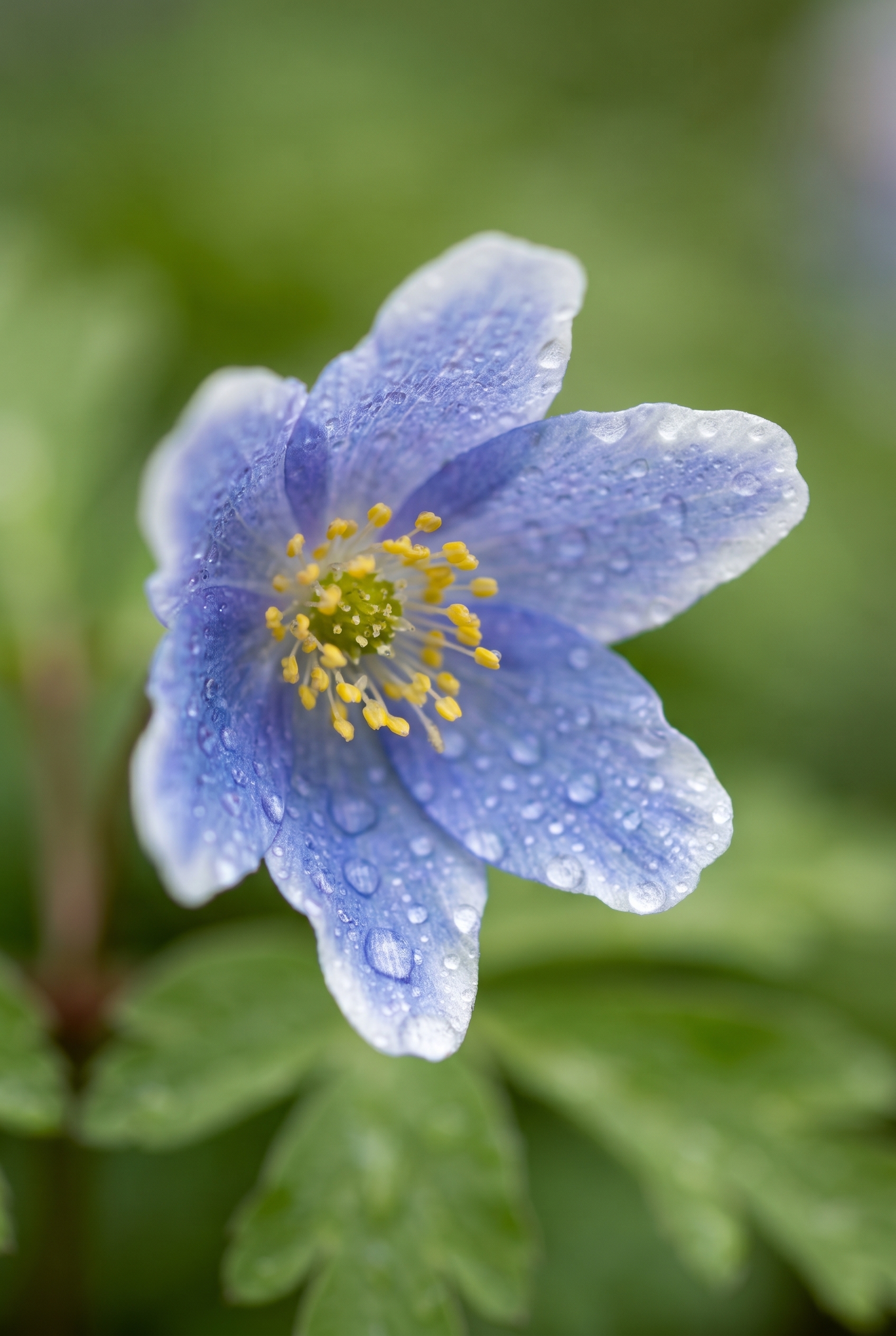 Photographie macro d'une anémone bleue avec une mise au point photo précise sur les étamines et les gouttes de rosée, illustrant la netté parfaite.