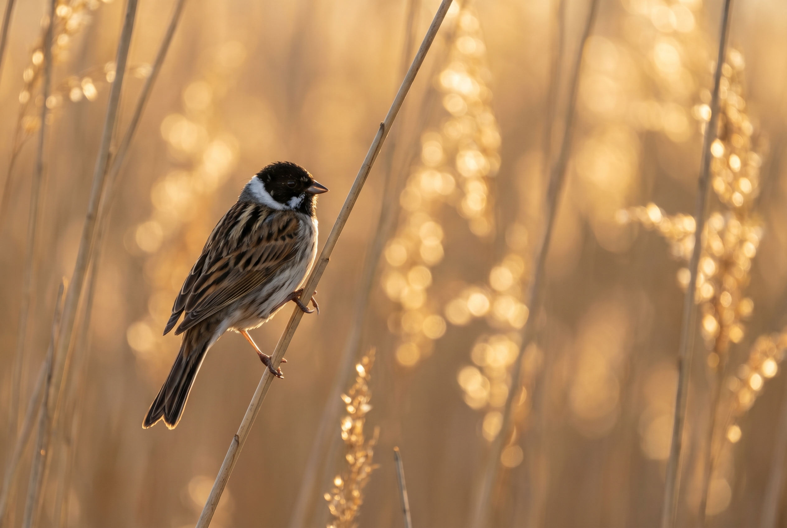 Mise au point photo précise sur l'œil d'un bruant des roseaux pour illustrer la netteté parfaite en photographie animalière.