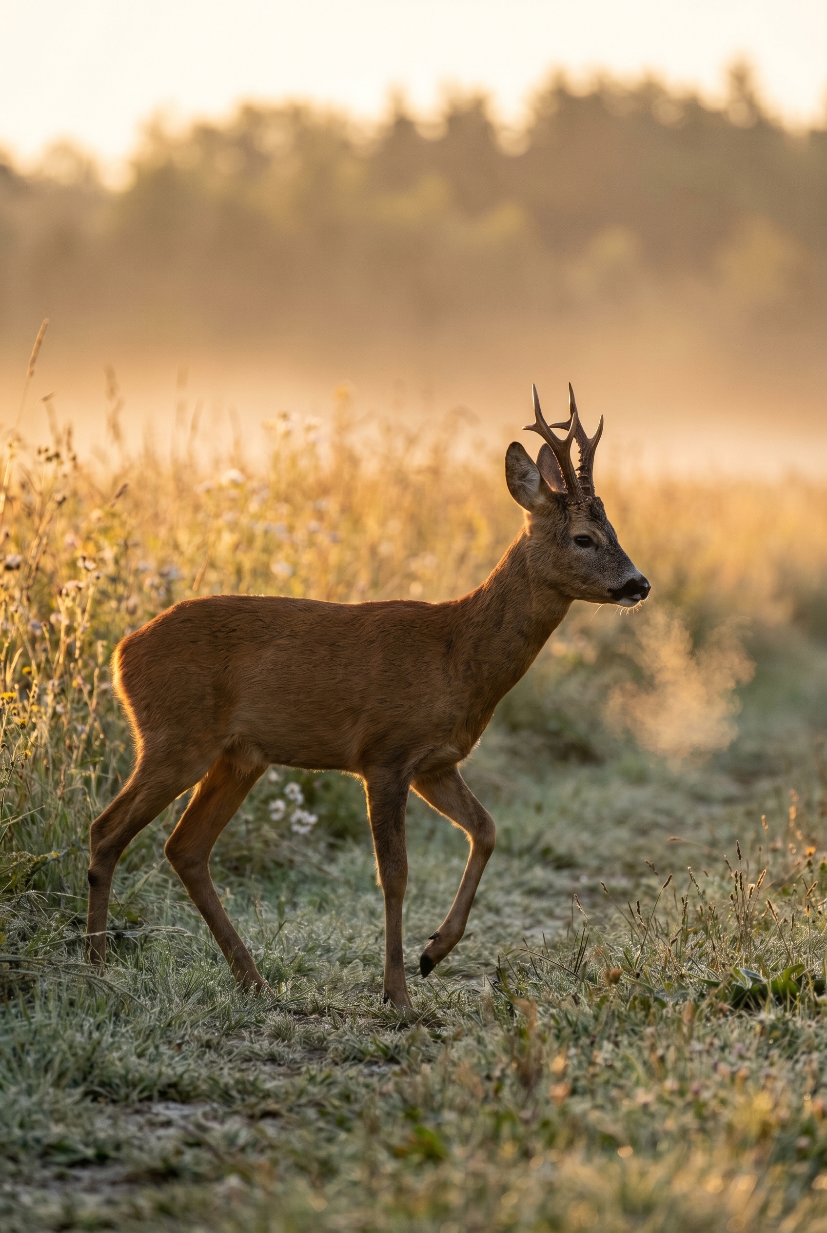 Photographie animalière d'un chevreuil en mouvement dans une prairie brumeuse, illustrant une mise au point photo précise sur le pelage avec un bel effet bokeh.