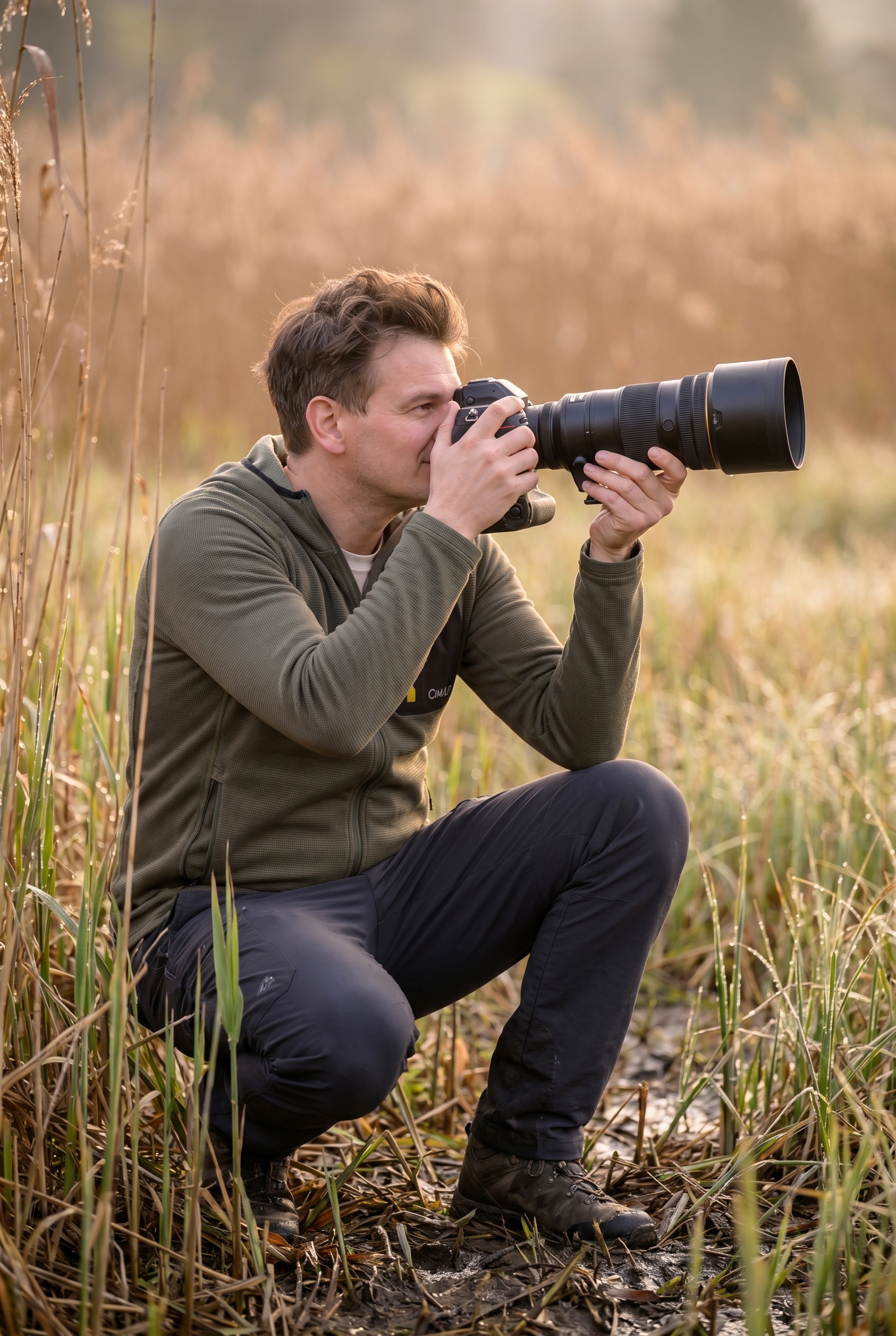 Photographe animalier accroupi dans les roseaux effectuant une mise au point photo précise avec un téléobjectif lors de l'heure dorée.