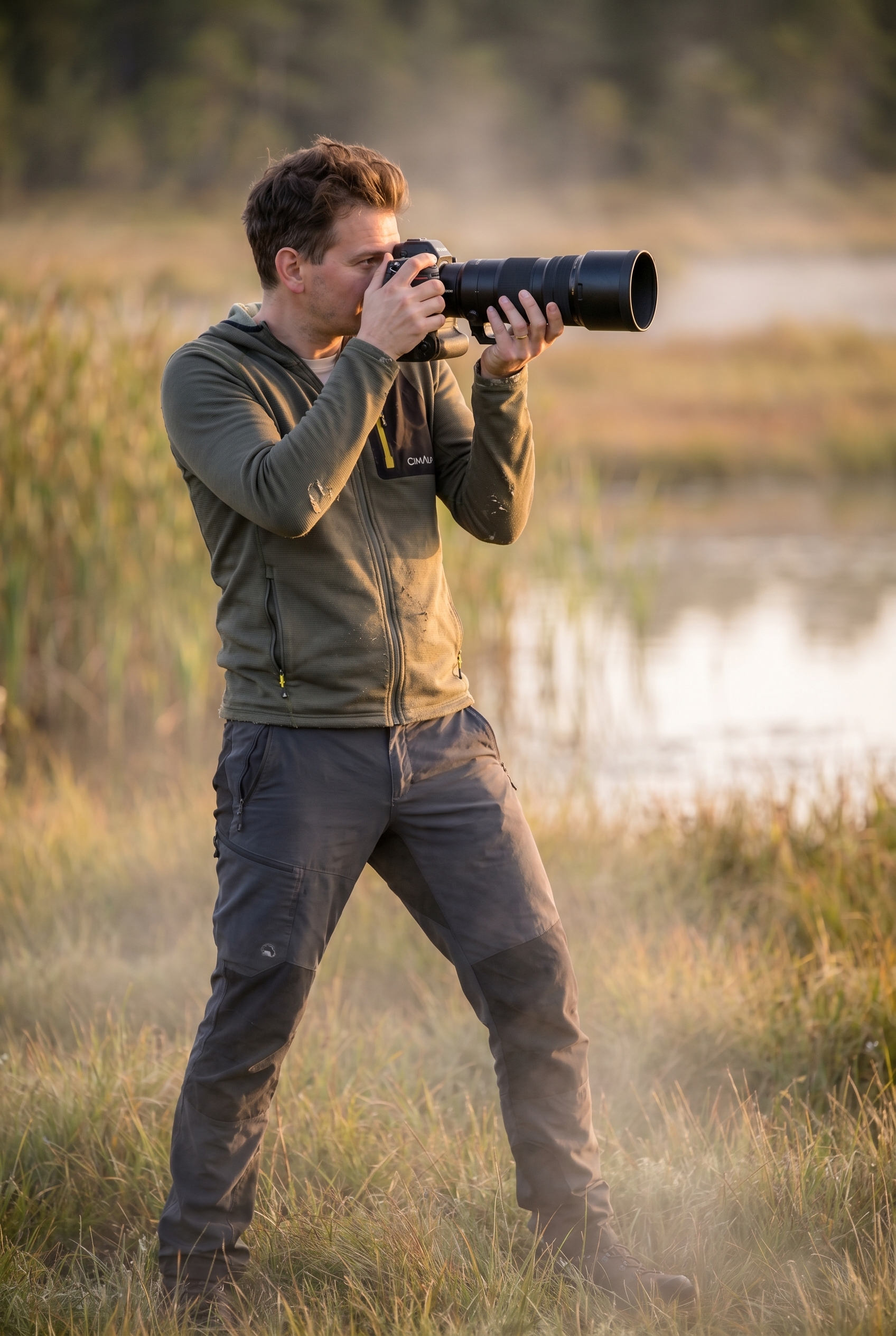 Photographe naturaliste tenant fermement son reflex pour réussir sa mise au point photo en plein air