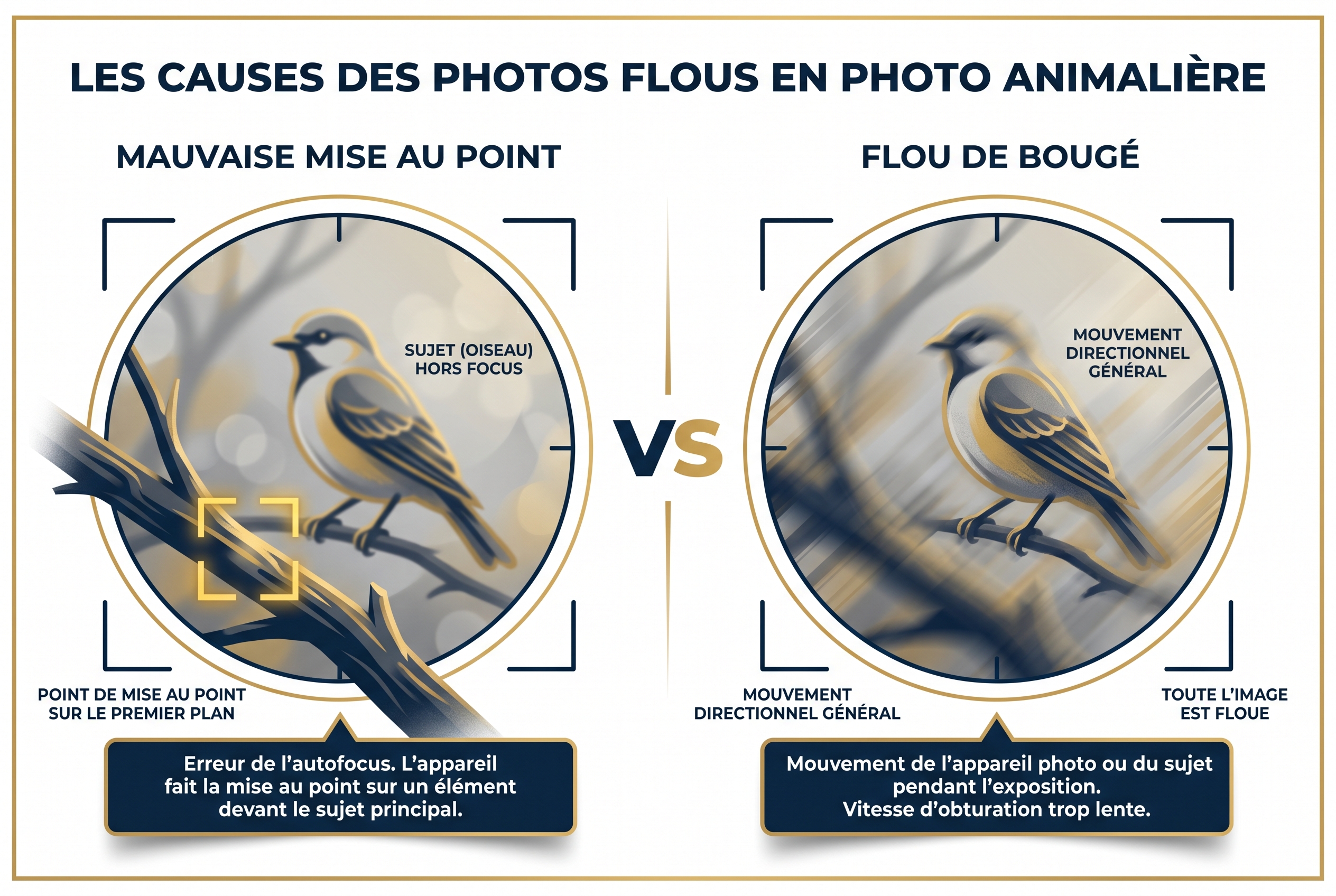 Illustration pédagogique comparant une mauvaise mise au point photo sur une branche et un flou de bougé en photographie animalière.