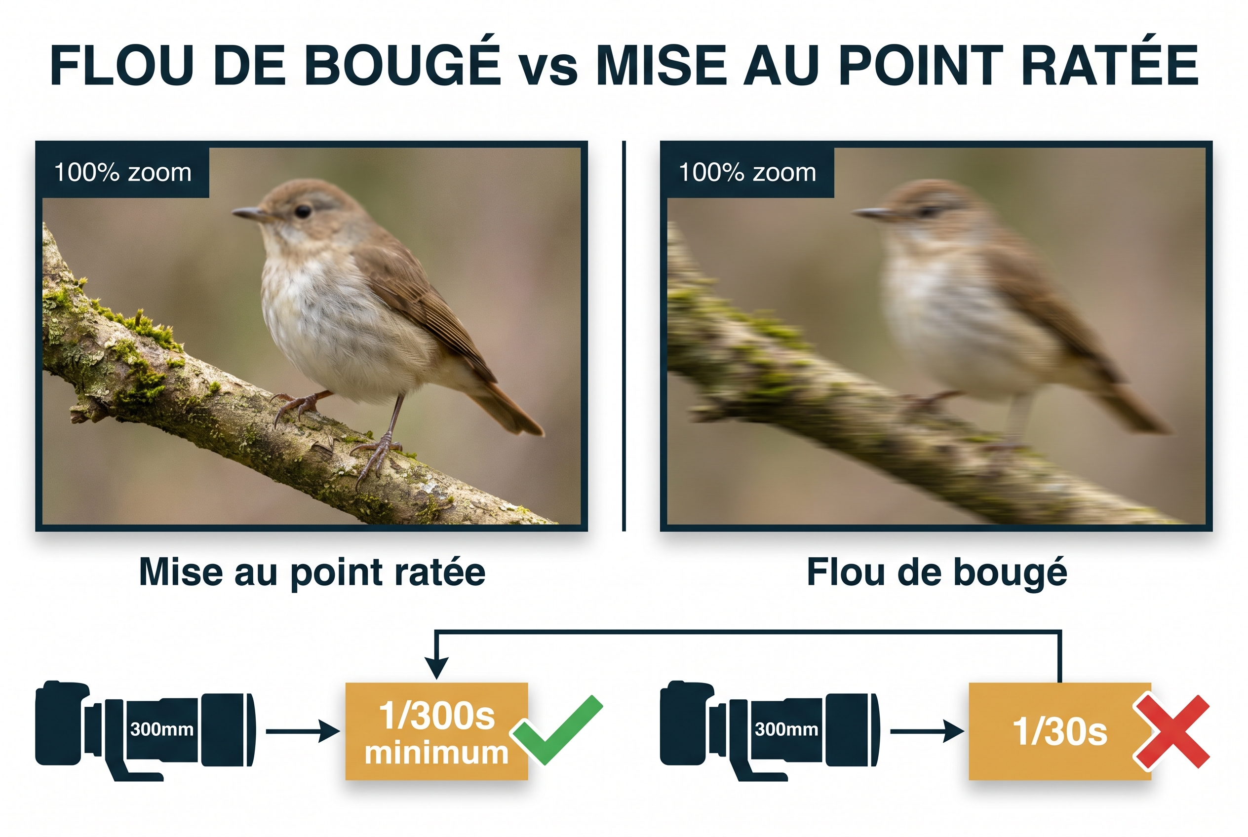 Infographie pédagogique comparant une mise au point photo ratée sur un oiseau et un flou de bougé avec schéma de vitesse d'obturation.