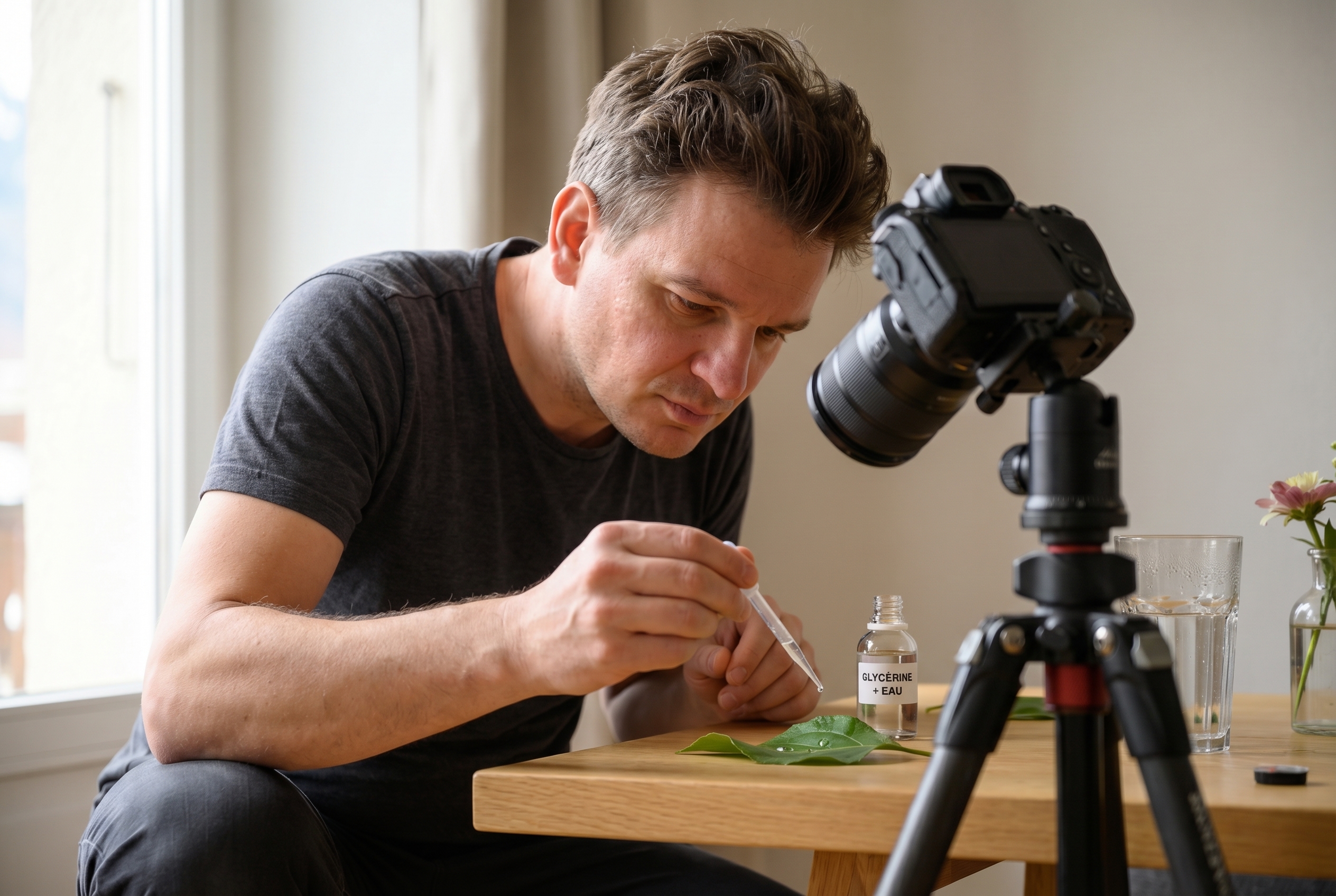 Photographe utilisant une pipette pour préparer et photographier une goutte d'eau sur une feuille verte en macrophotographie