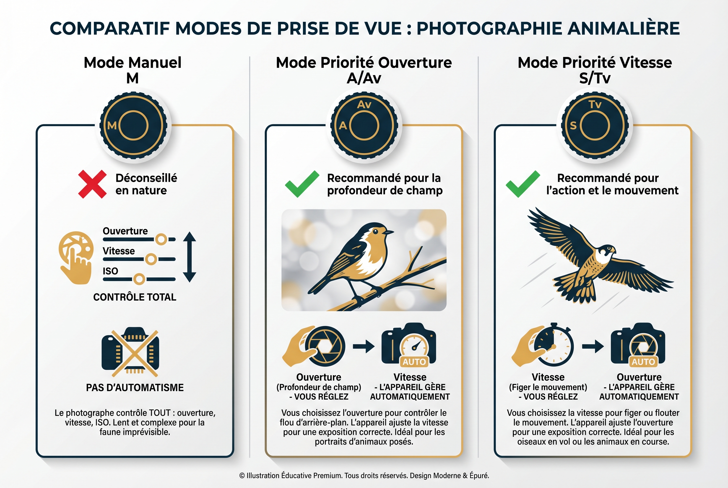 Infographie pédagogique comparant les modes Manuel, Priorité Ouverture et Priorité Vitesse pour maîtriser le triangle d'exposition en photographie de nature.