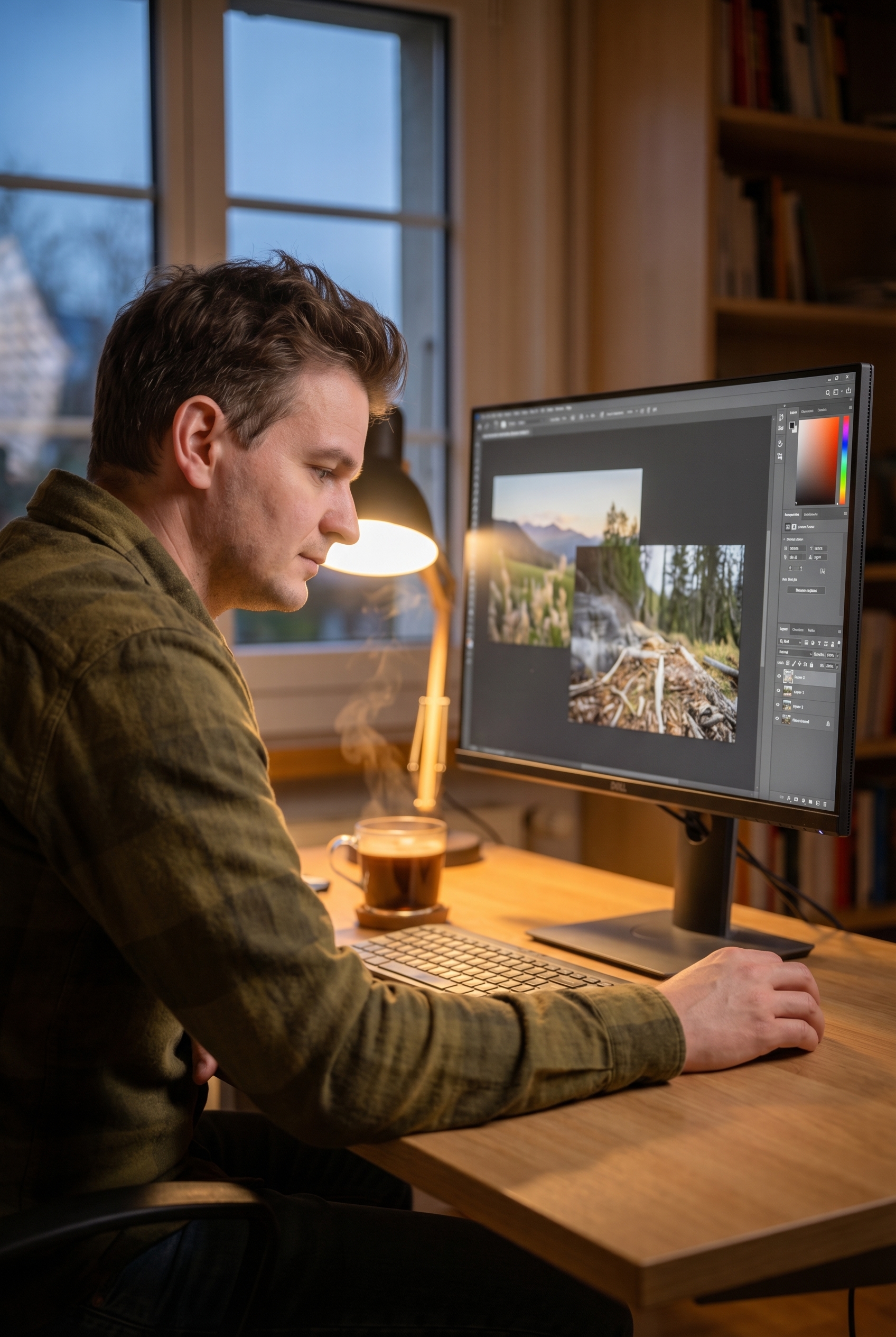 Photographe naturaliste travaillant sur le post-traitement d'une double exposition de forêt sur son écran d'ordinateur.