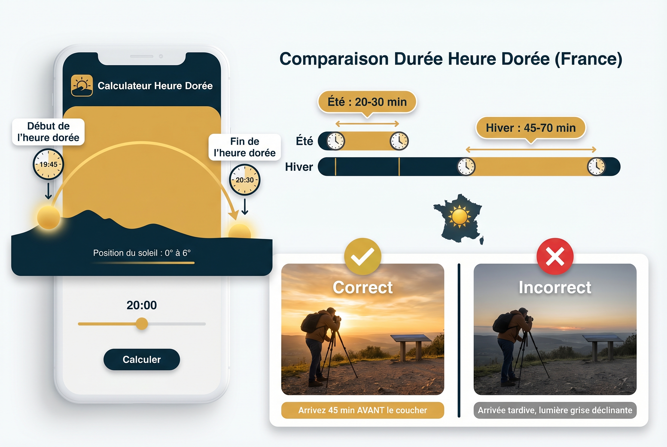Golden-hour : comment (bien) la photographier 14 Infographie pédagogique expliquant comment calculer l'heure dorée : application mobile de trajectoire solaire, durée été vs hiver en France et conseils de préparation pour photographe.