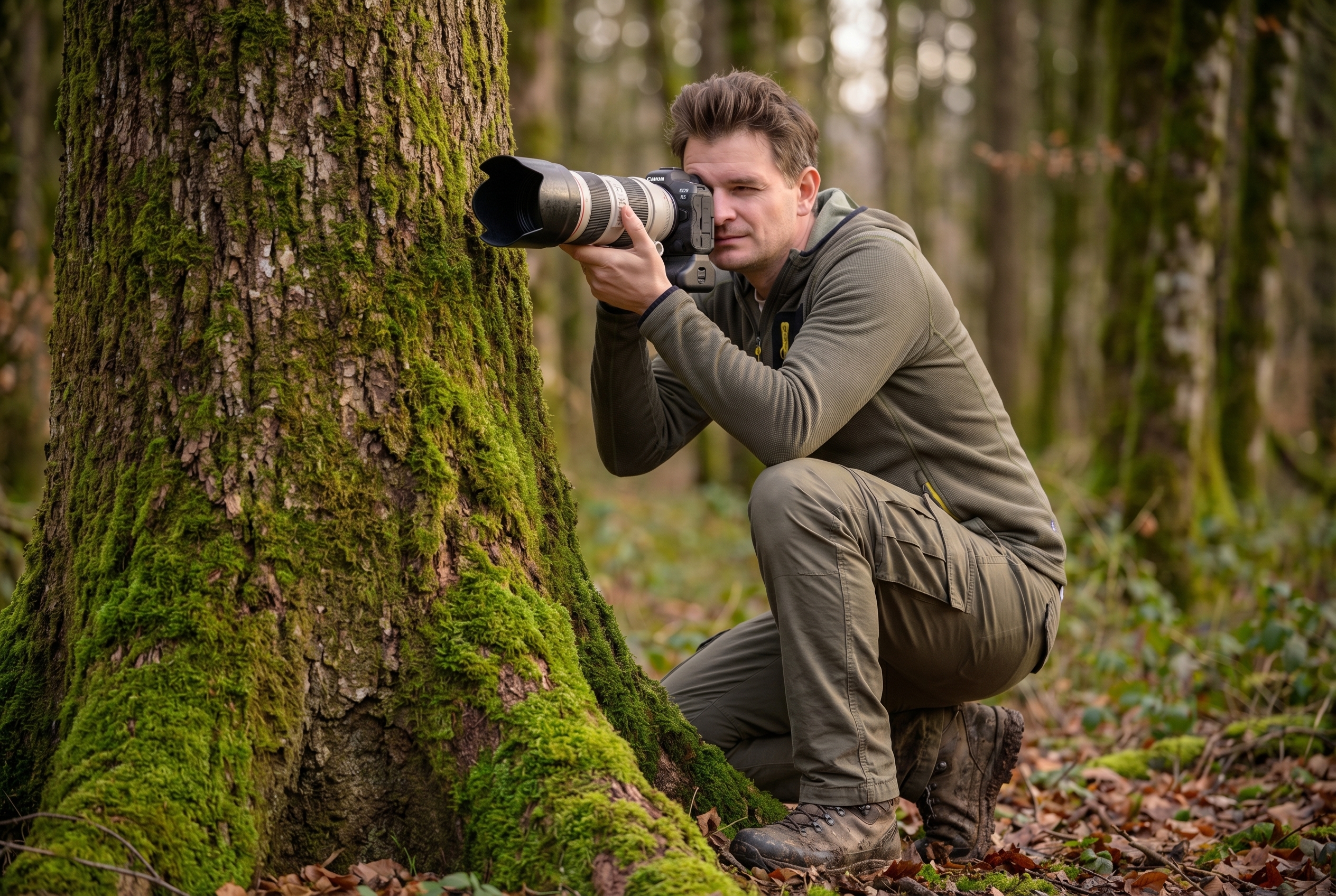 Ouverture du diaphragme : comprendre son fonctionnement 15 Photographe naturaliste accroupi en forêt utilisant une ouverture du diaphragme adaptée pour créer un bokeh d'arrière-plan.
