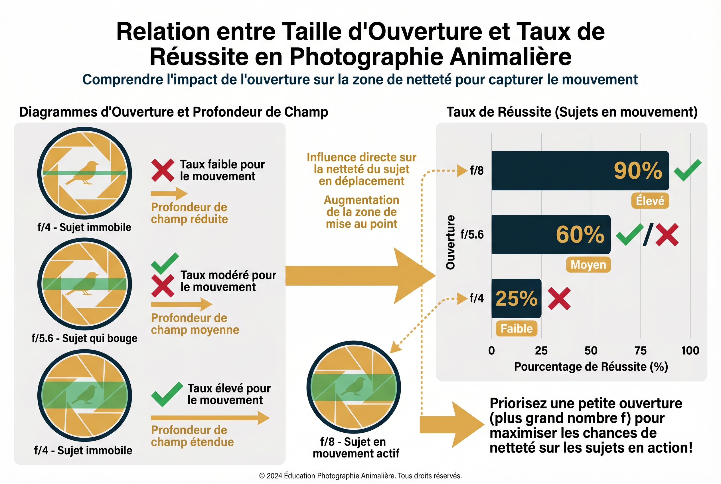 Ouverture du diaphragme : comprendre son fonctionnement 25 Infographie pédagogique comparant l'ouverture du diaphragme (f/4, f/5.6, f/8) et son impact sur la profondeur de champ et le taux de réussite pour photographier un oiseau en mouvement.