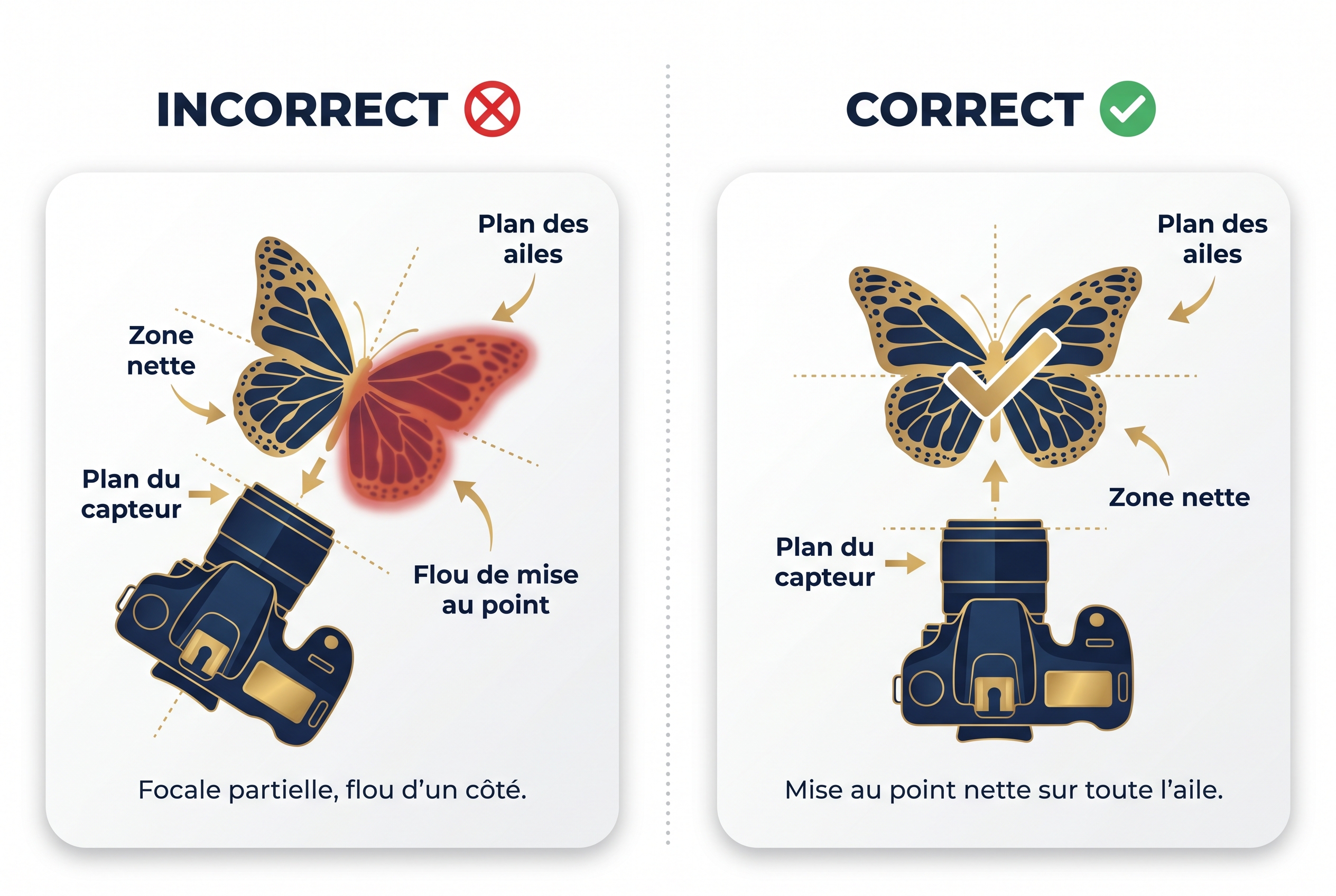 Schéma pédagogique expliquant comment photographier les papillons avec une mise au point nette en alignant le capteur parallèlement aux ailes.