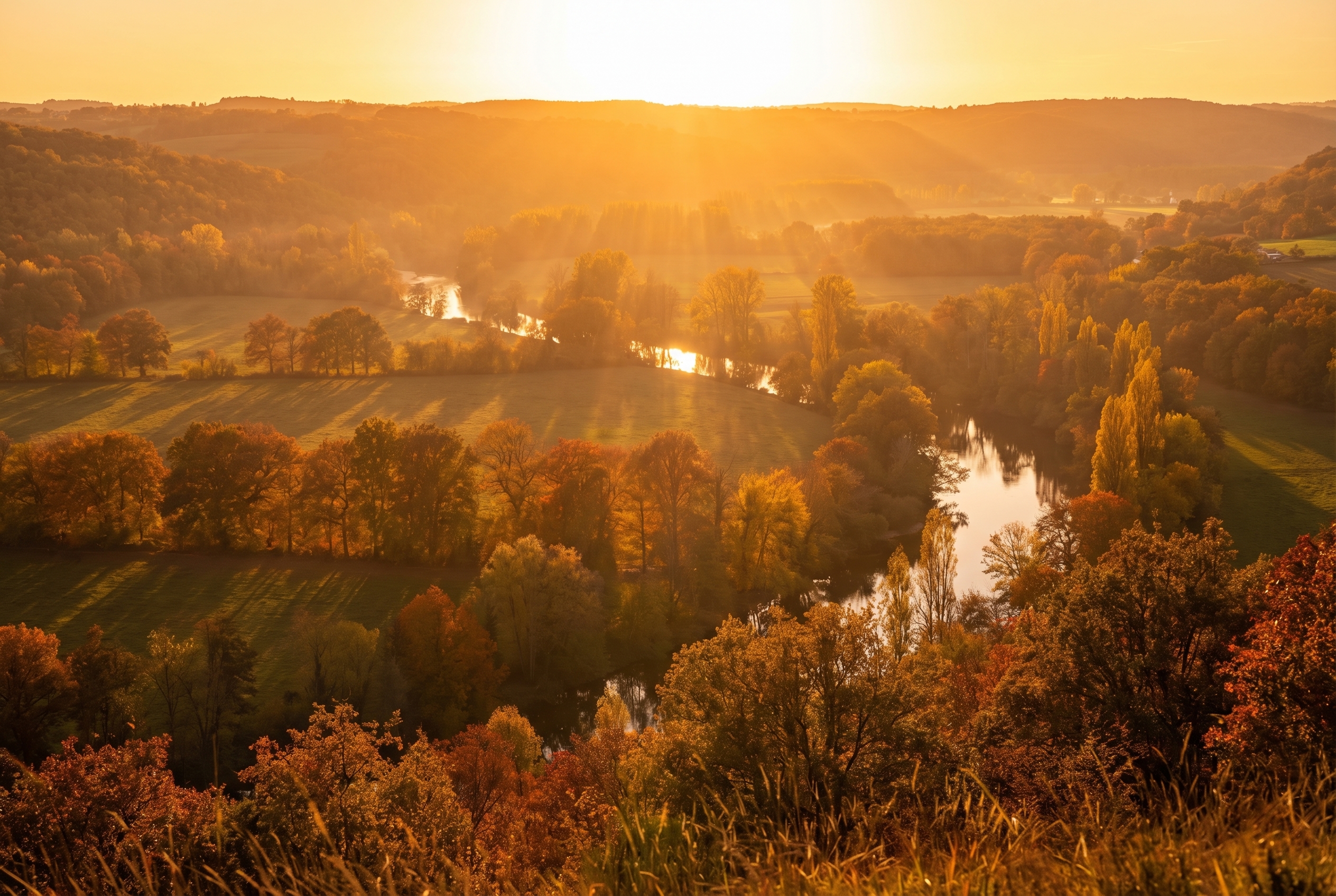 Golden-hour : comment (bien) la photographier 17 Paysage de campagne française à l'heure dorée avec une lumière orangée traversant une vallée et des arbres aux couleurs d'automne.