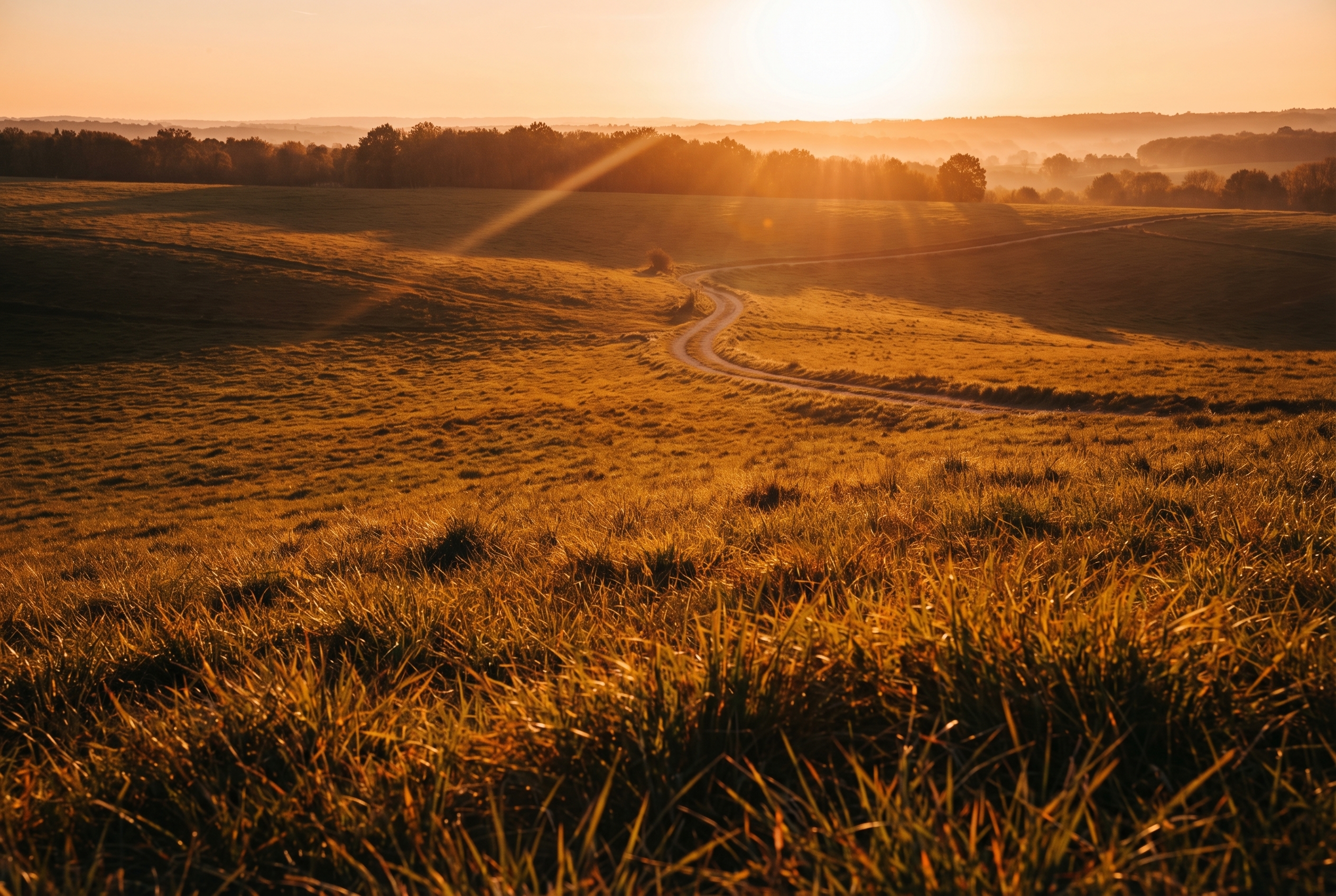 Golden-hour : comment (bien) la photographier 22 Paysage de collines vallonnées à l'heure dorée avec un chemin de terre et une lumière chaude orangée