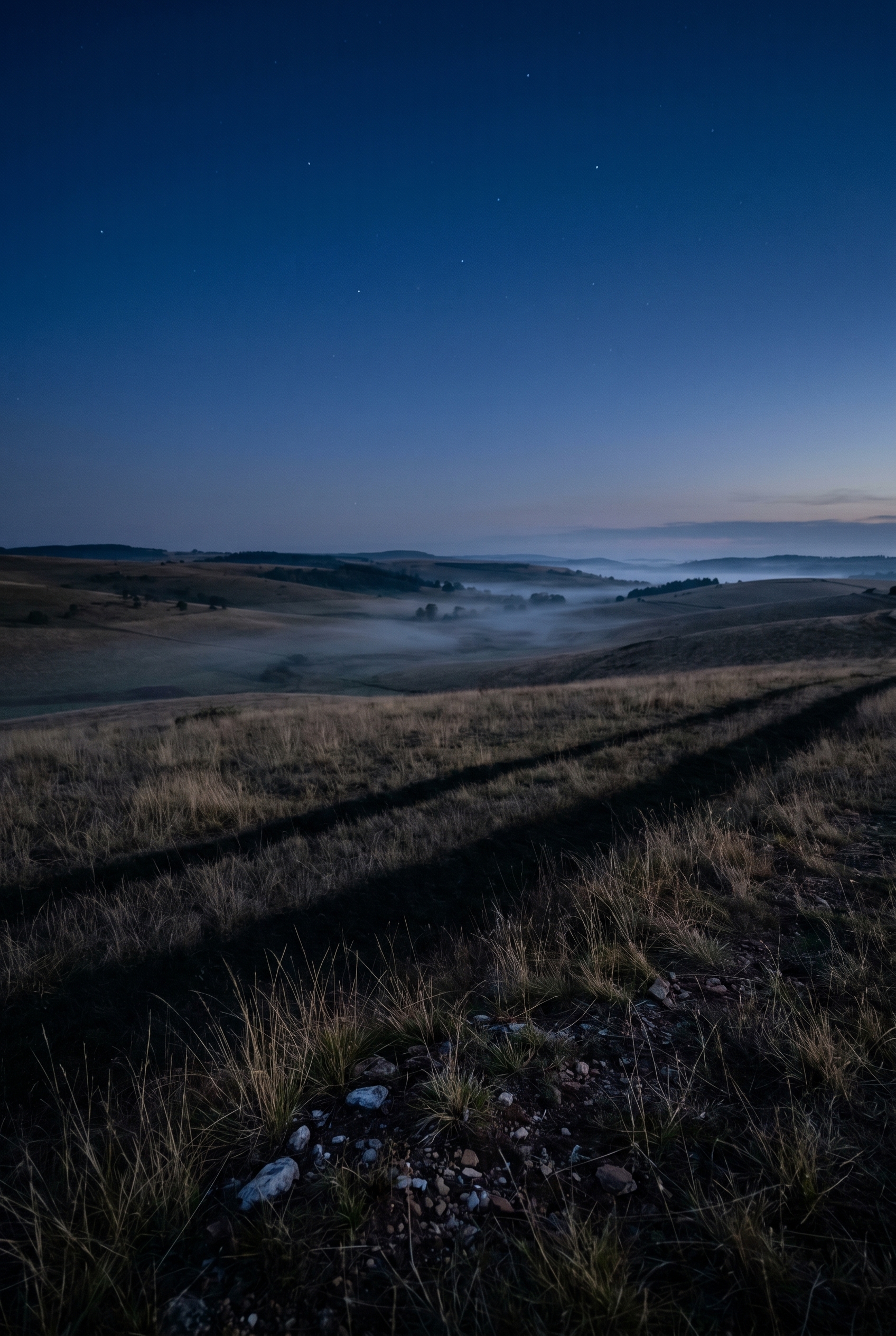 Paysage de collines françaises au crépuscule sous un ciel étoilé, préparatifs pour réussir une première photo circumpolaire en pleine nature.