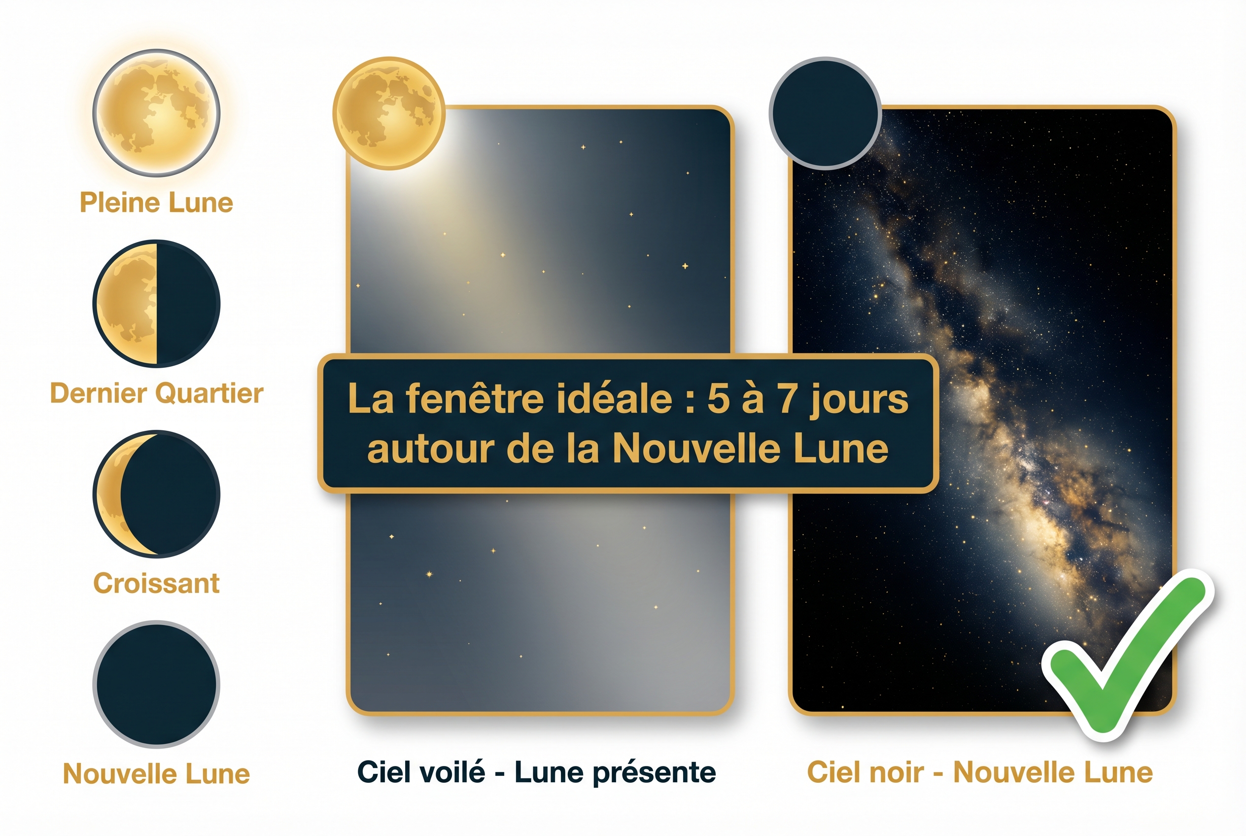 Infographie pédagogique comparant l'impact des phases de la lune sur la visibilité pour photographier la Voie lactée, de la pleine lune à la nouvelle lune.