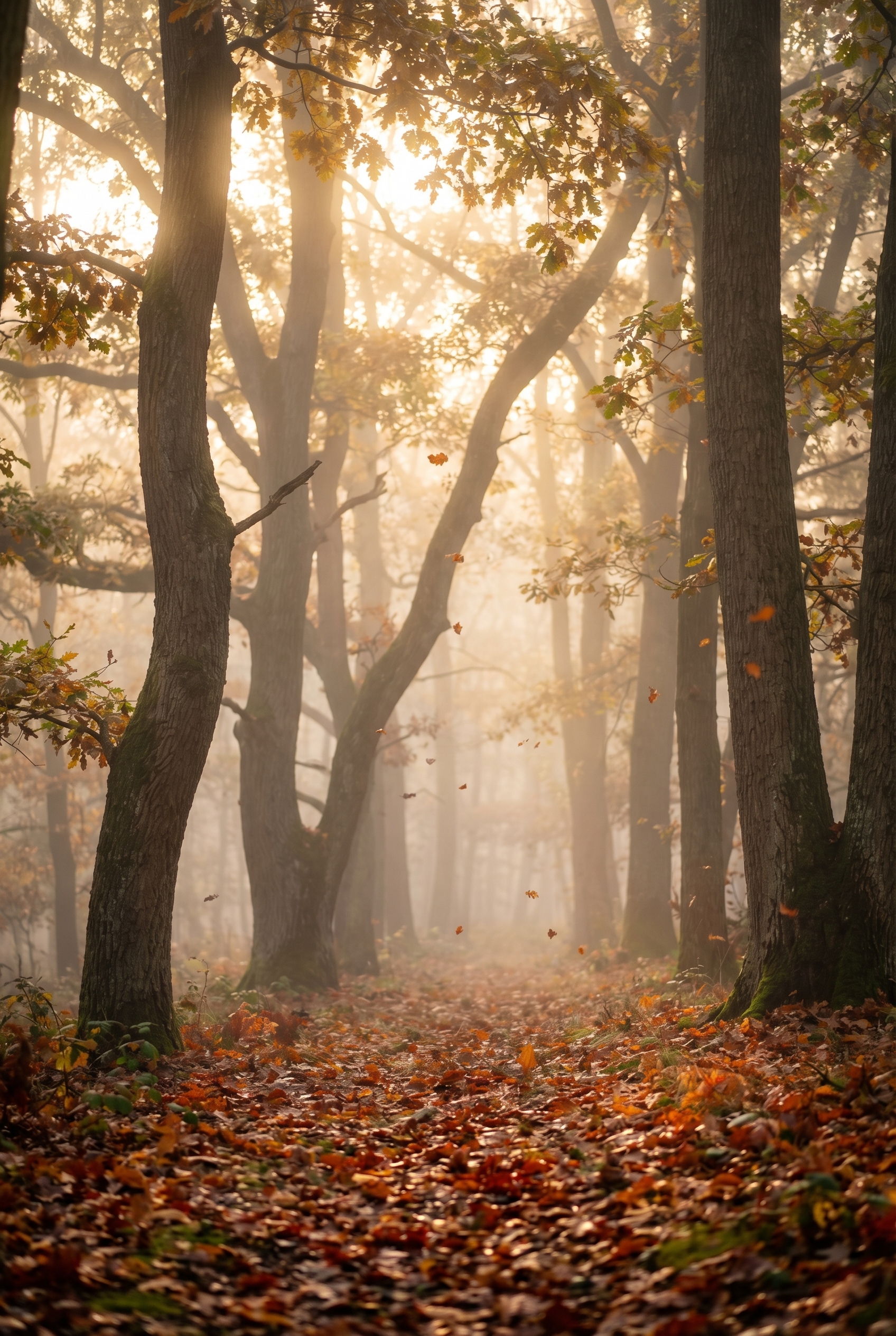 Sous-bois forestier embrumé à l'aube en automne, un habitat idéal pour s'exercer à la photo animalière quand on est débutant.