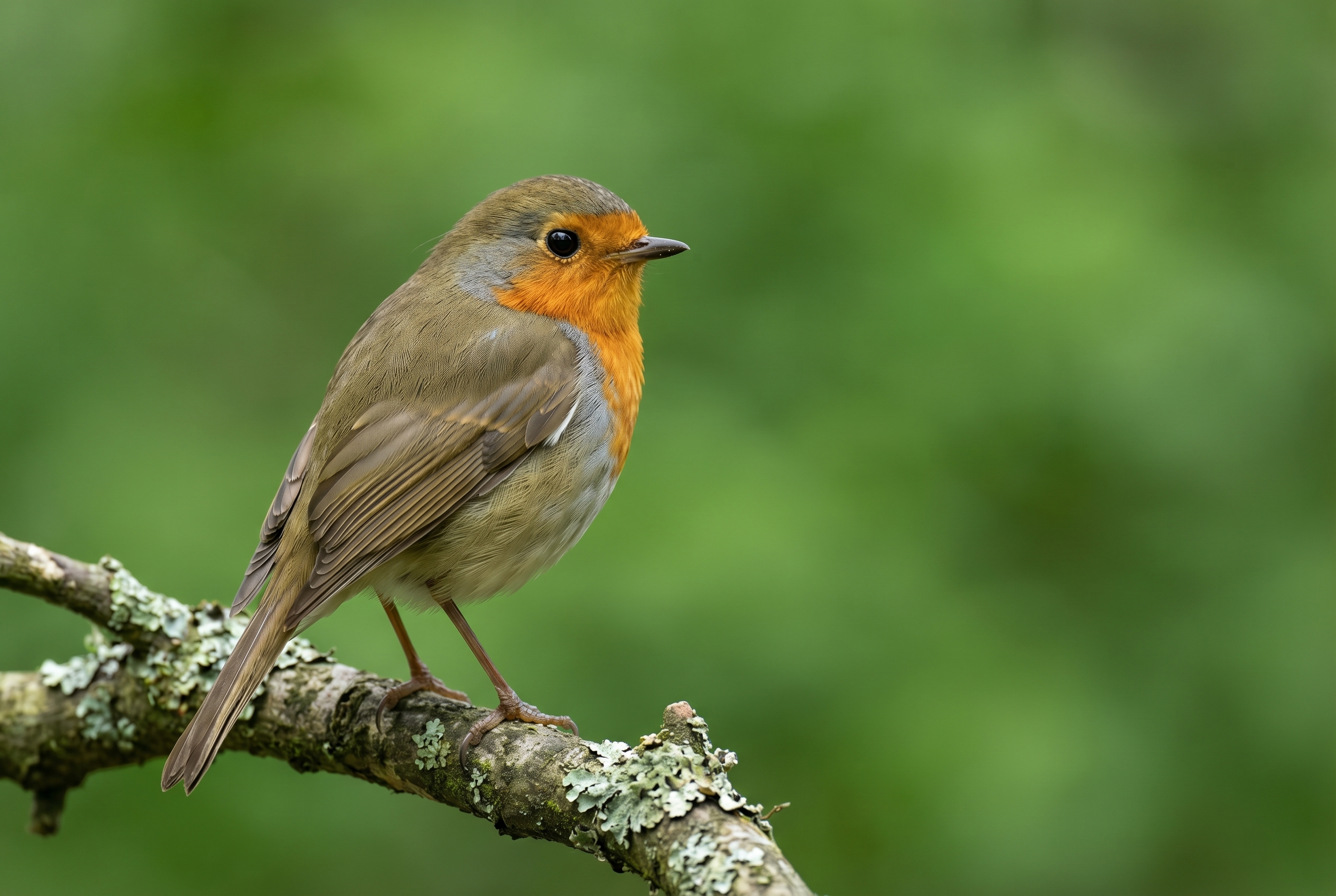 Un rouge-gorge familier posé sur une branche moussue, exemple de netteté parfaite pour illustrer la photo animalière pour débutant.