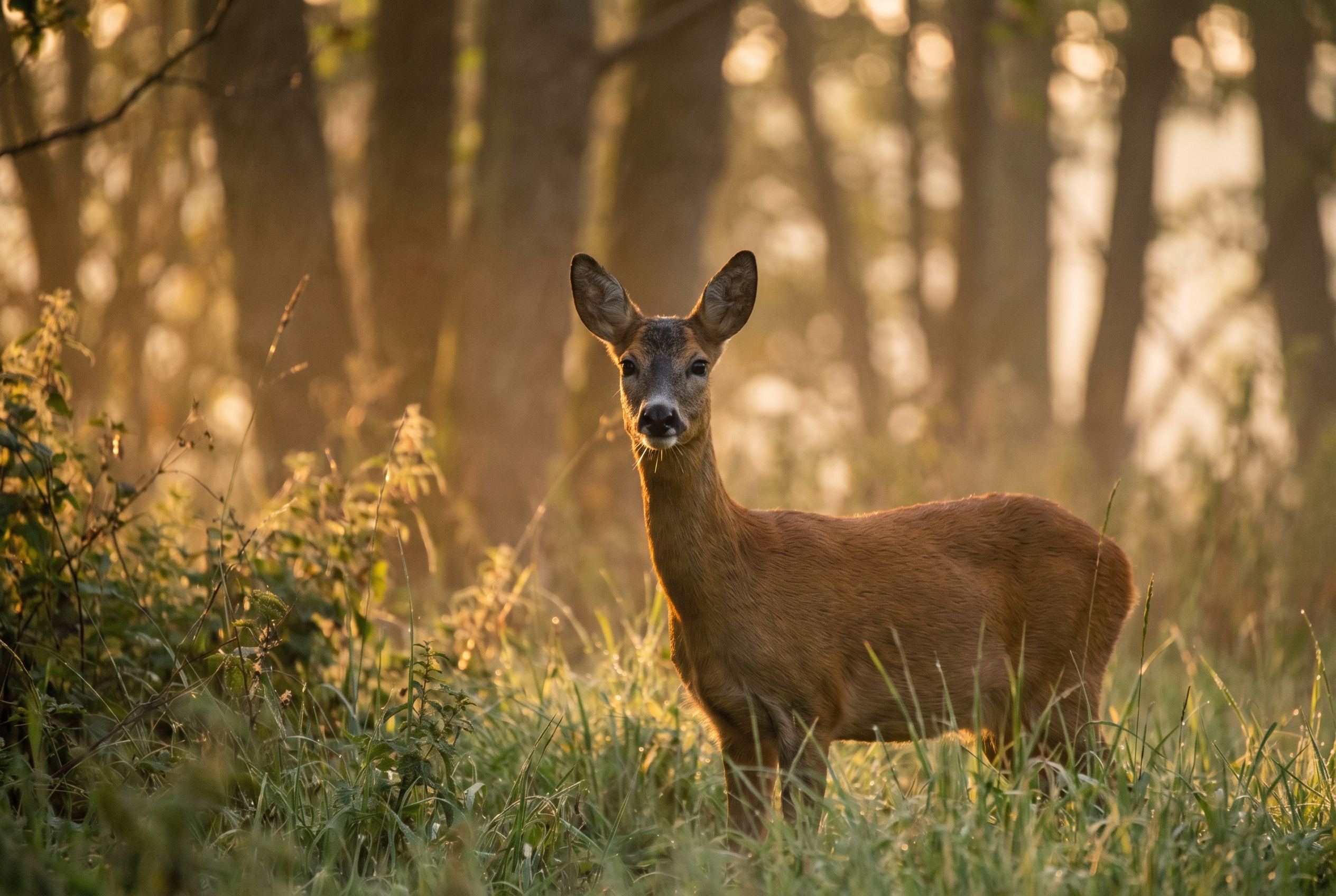 Un chevreuil au lever du soleil en forêt, exemple de rendu net obtenu avec du matériel de photo animalière performant.