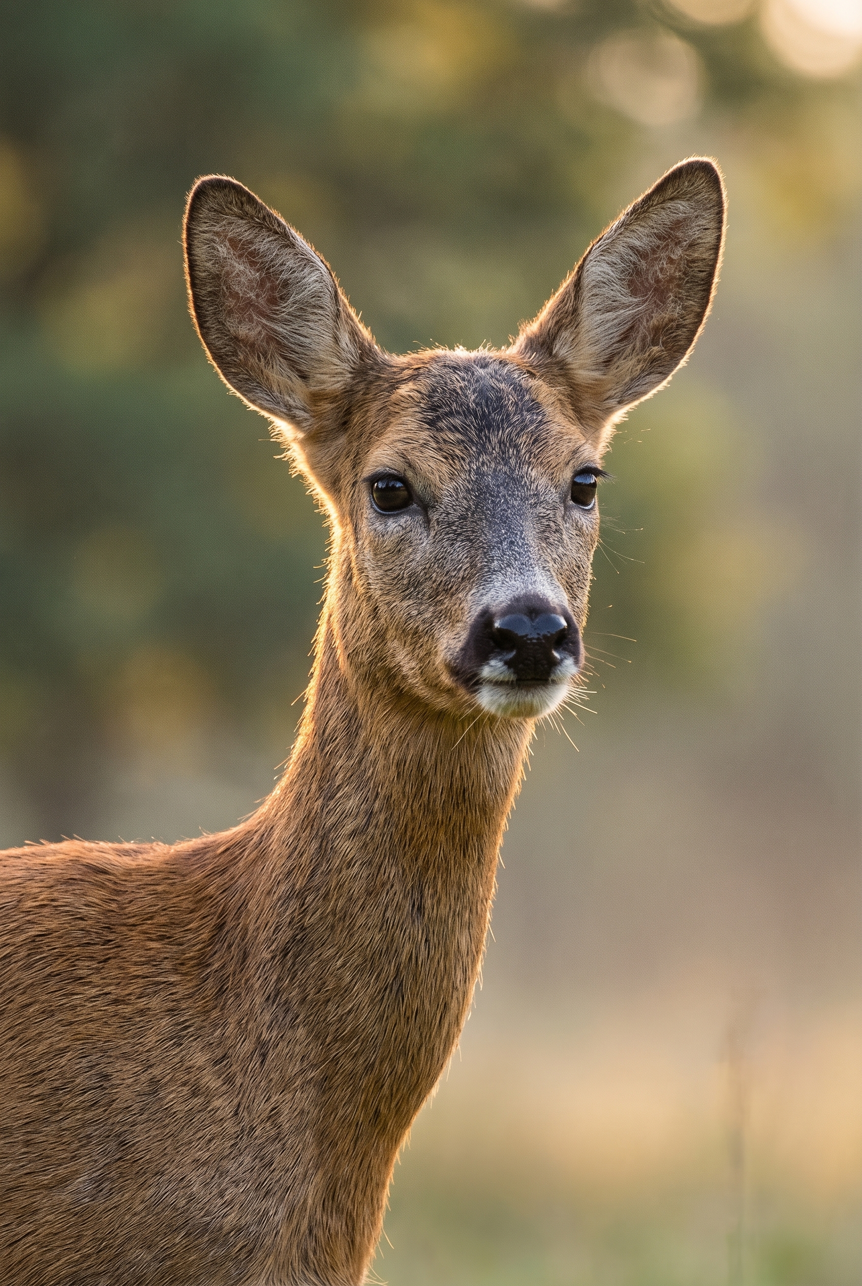 Photographie d'un brocard à l'orée d'une forêt au lever du soleil, illustrant la qualité d'image obtenue avec un matériel de photo animalière performant.