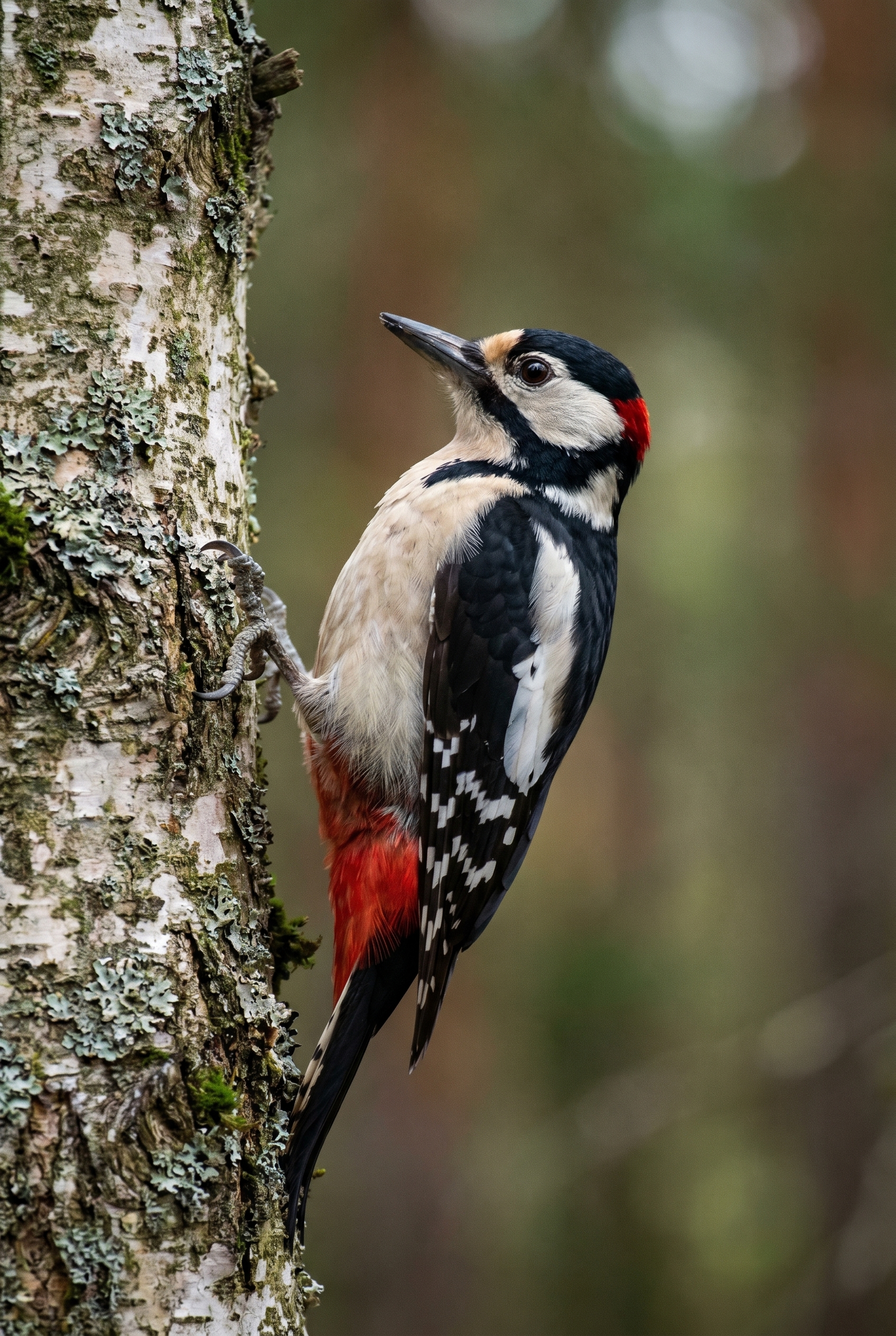 Gros plan d'un pic épeiche sur un bouleau, illustrant les performances d'une grande marque d'appareil photo comme Canon pour la photographie de nature.