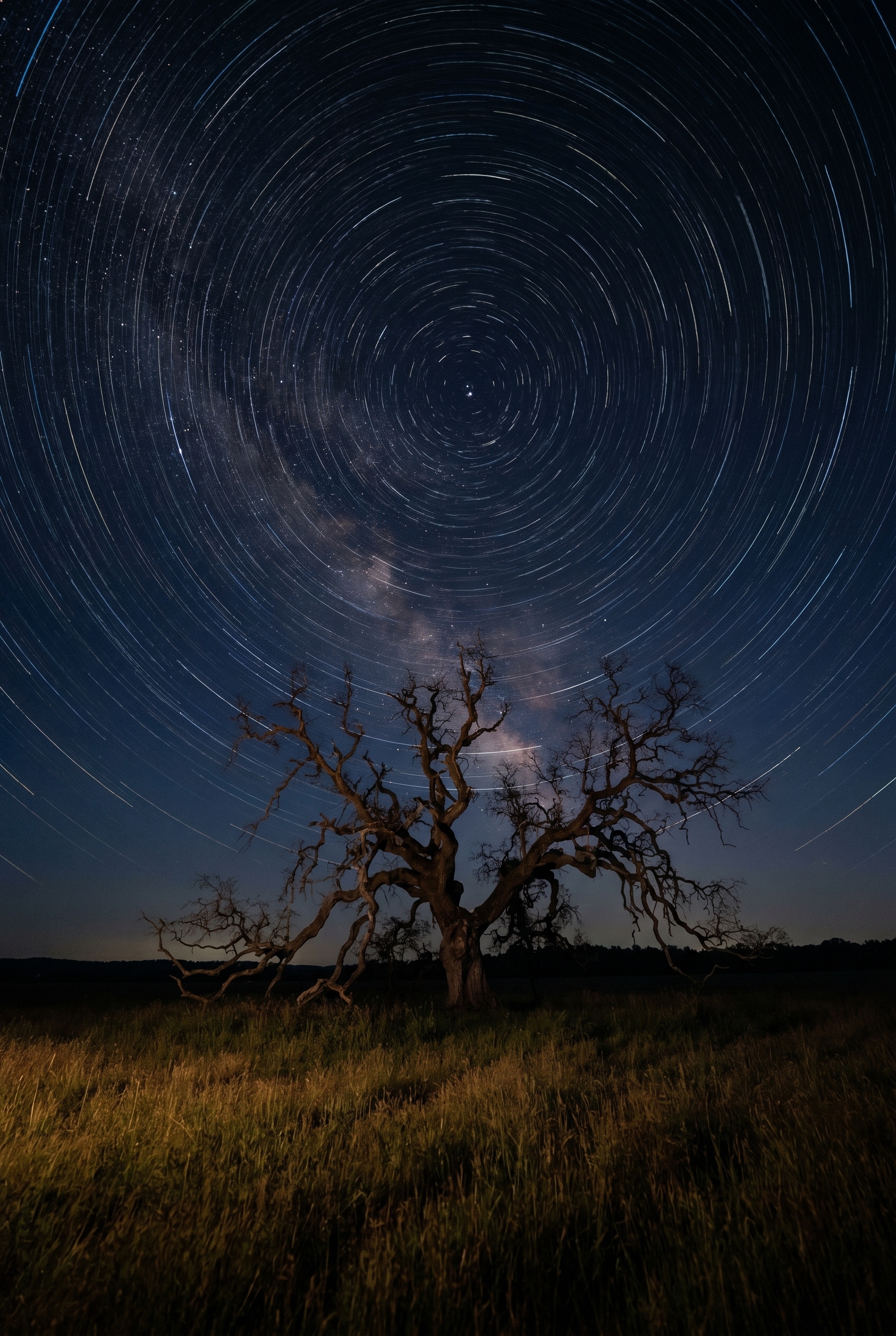Photographie circumpolaire montrant un filé d'étoiles circulaire autour de l'étoile polaire au-dessus de la silhouette d'un chêne ancien.