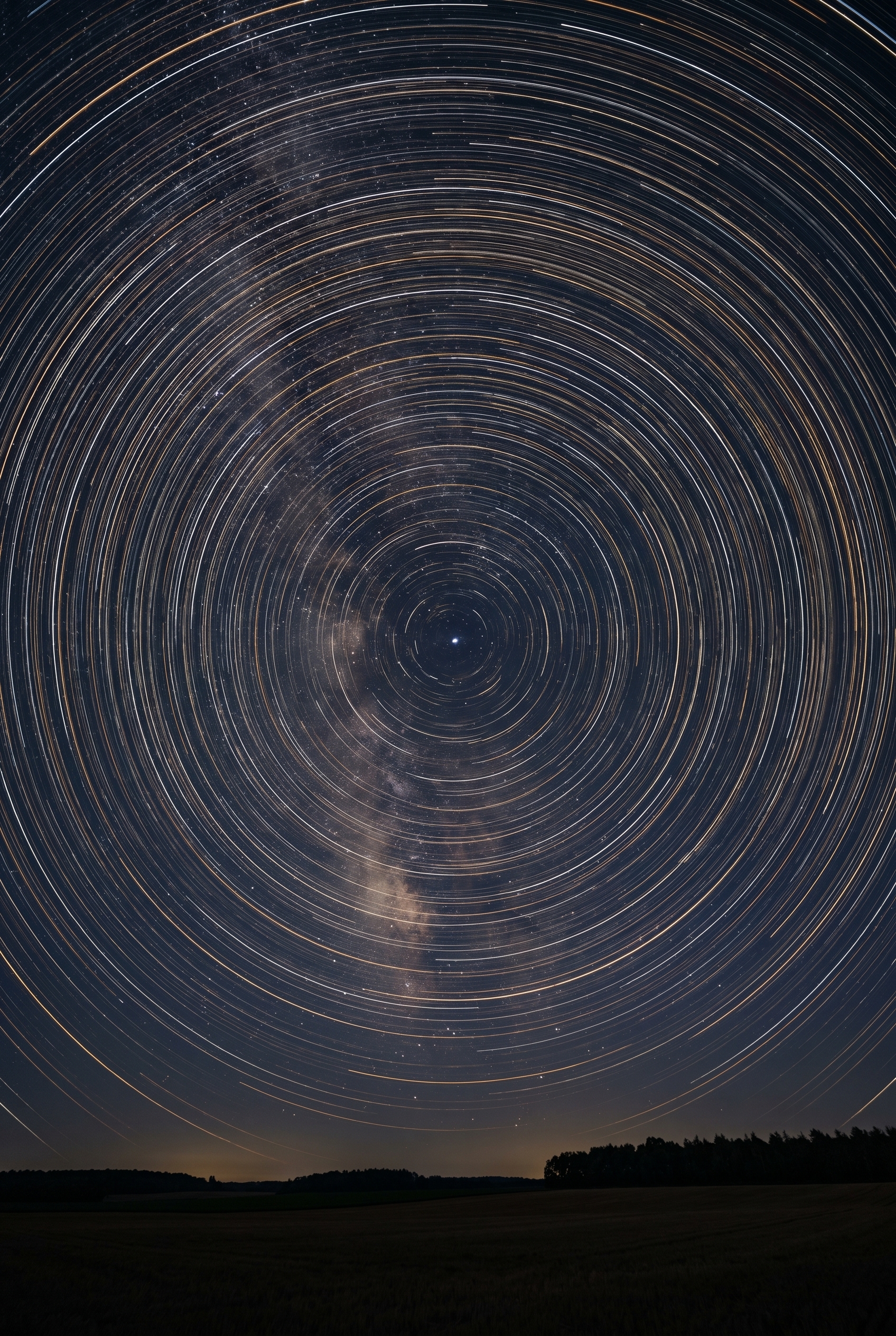 Une photo circumpolaire montrant des filés d'étoiles en cercles concentriques autour de l'étoile Polaire au-dessus d'une forêt.