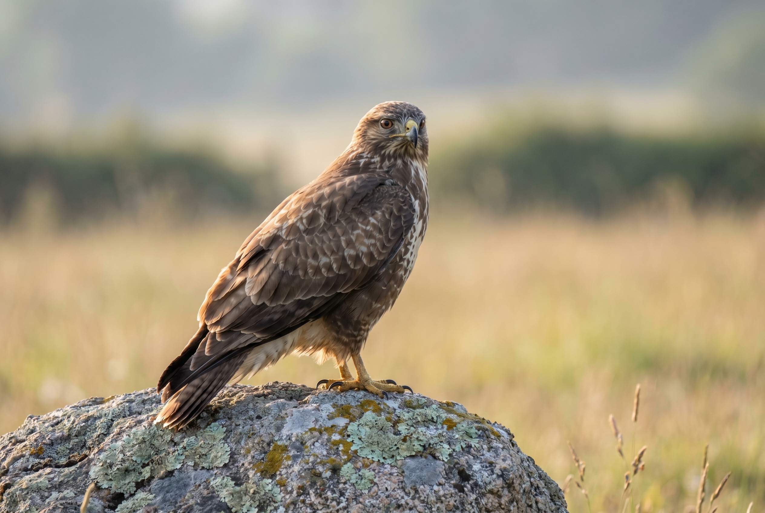 Flou de bougé : 5 astuces pour l'éviter 22 Photographie animalière nette d'une buse variable sur un rocher, illustrant l'absence de flou de bougé grâce à une vitesse d'obturation rapide.