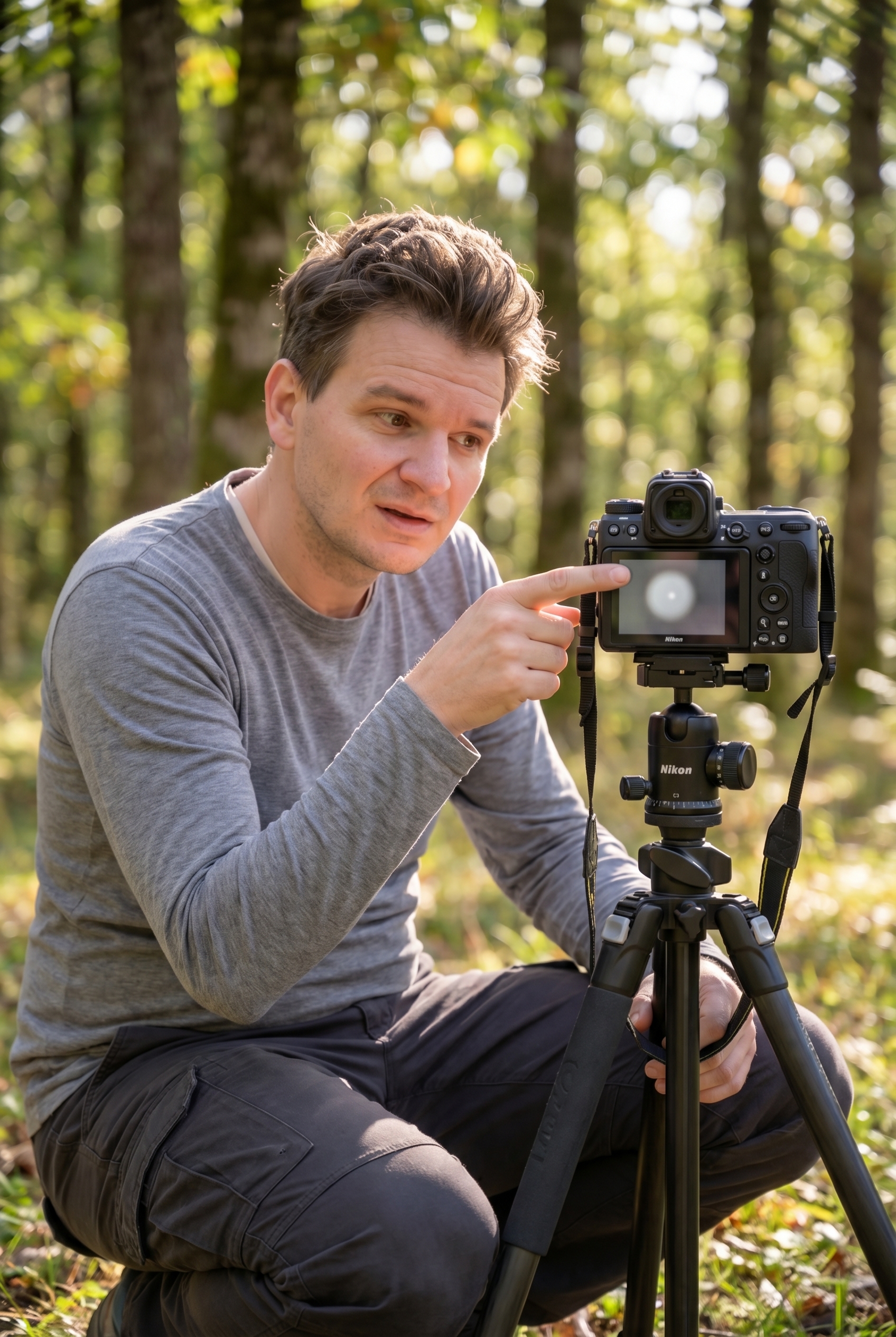 Photographe de nature examinant un problème de hotspot (tache lumineuse) sur l'écran de son appareil photo lors d'un test de photographie infrarouge en forêt.