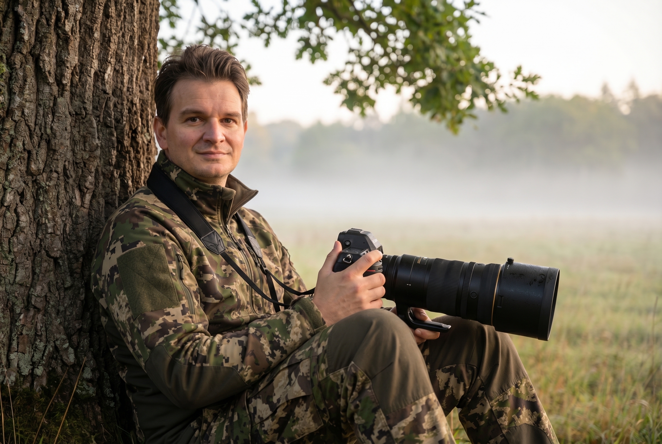 Photographe naturaliste en tenue de camouflage assis contre un chêne à l'aube avec un téléobjectif pour apprendre à photographier des animaux.