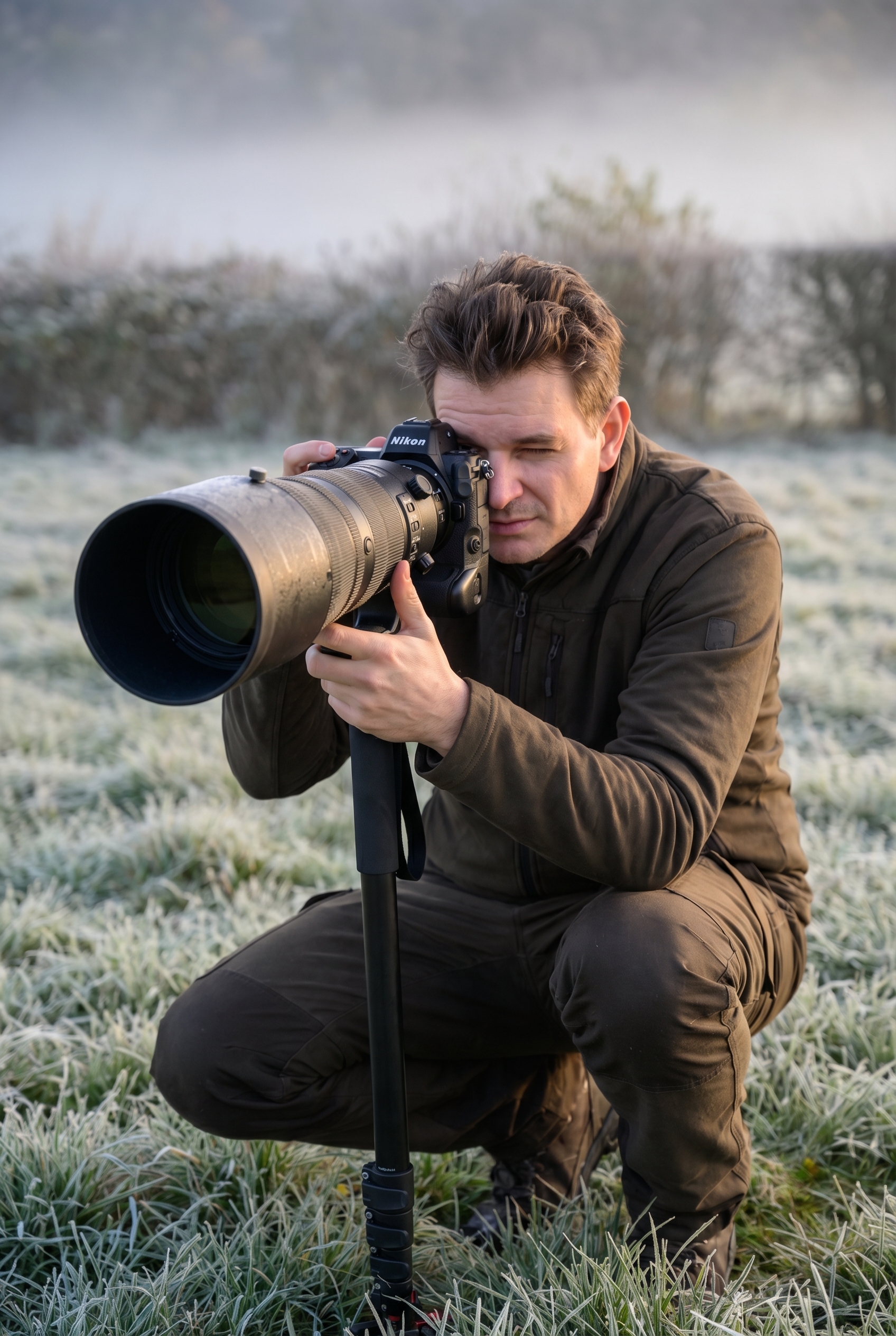 Photographe animalier accroupi avec un téléobjectif 400mm sur un monopode dans un champ givré à l'aube pour photographier le renard.