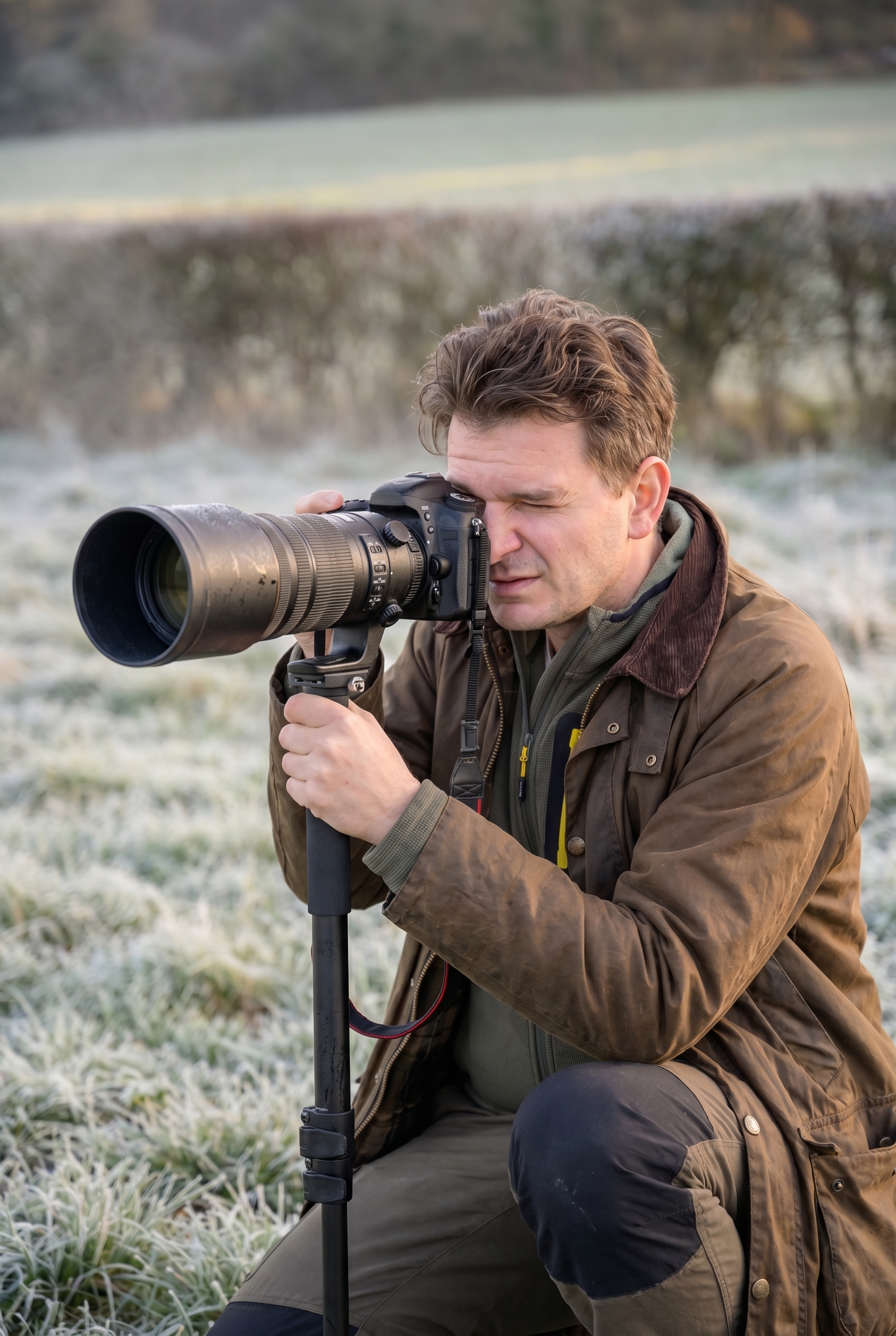 Photographe animalier à l'affût avec un téléobjectif 400mm dans la brume matinale pour photographier le renard.